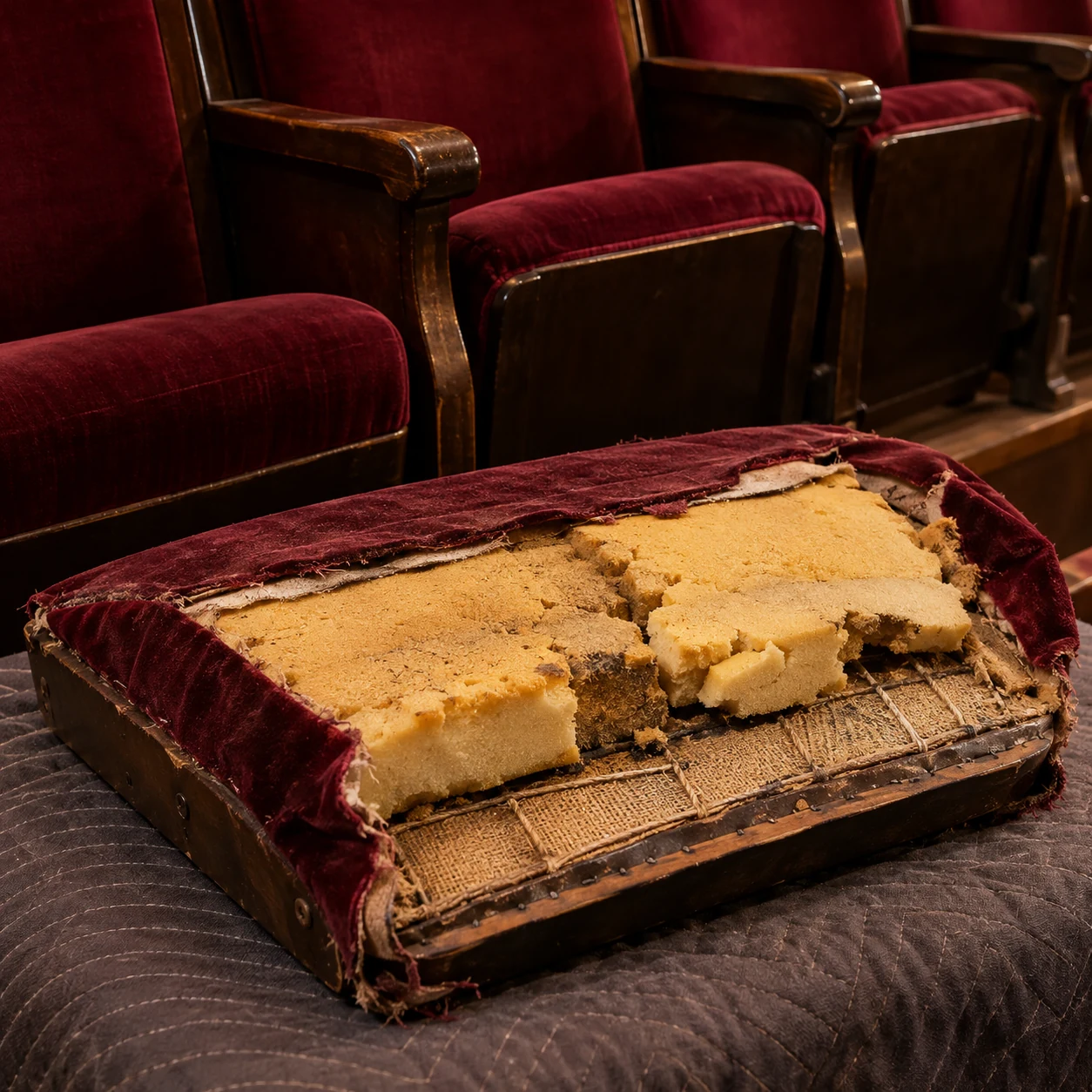 A theater seat cushion lifted off showing springs and foam