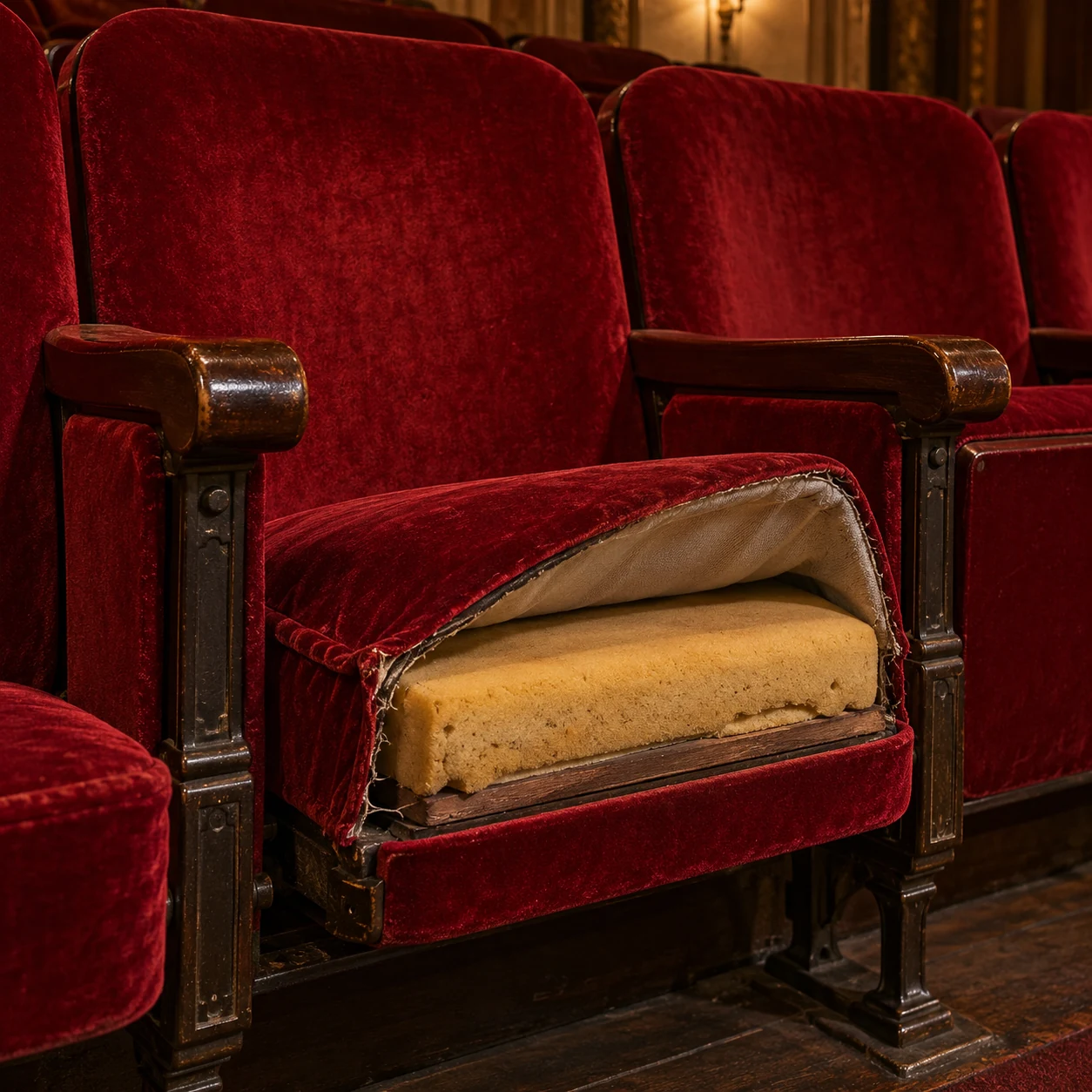 Exposed foam in a theater seat under its cover
