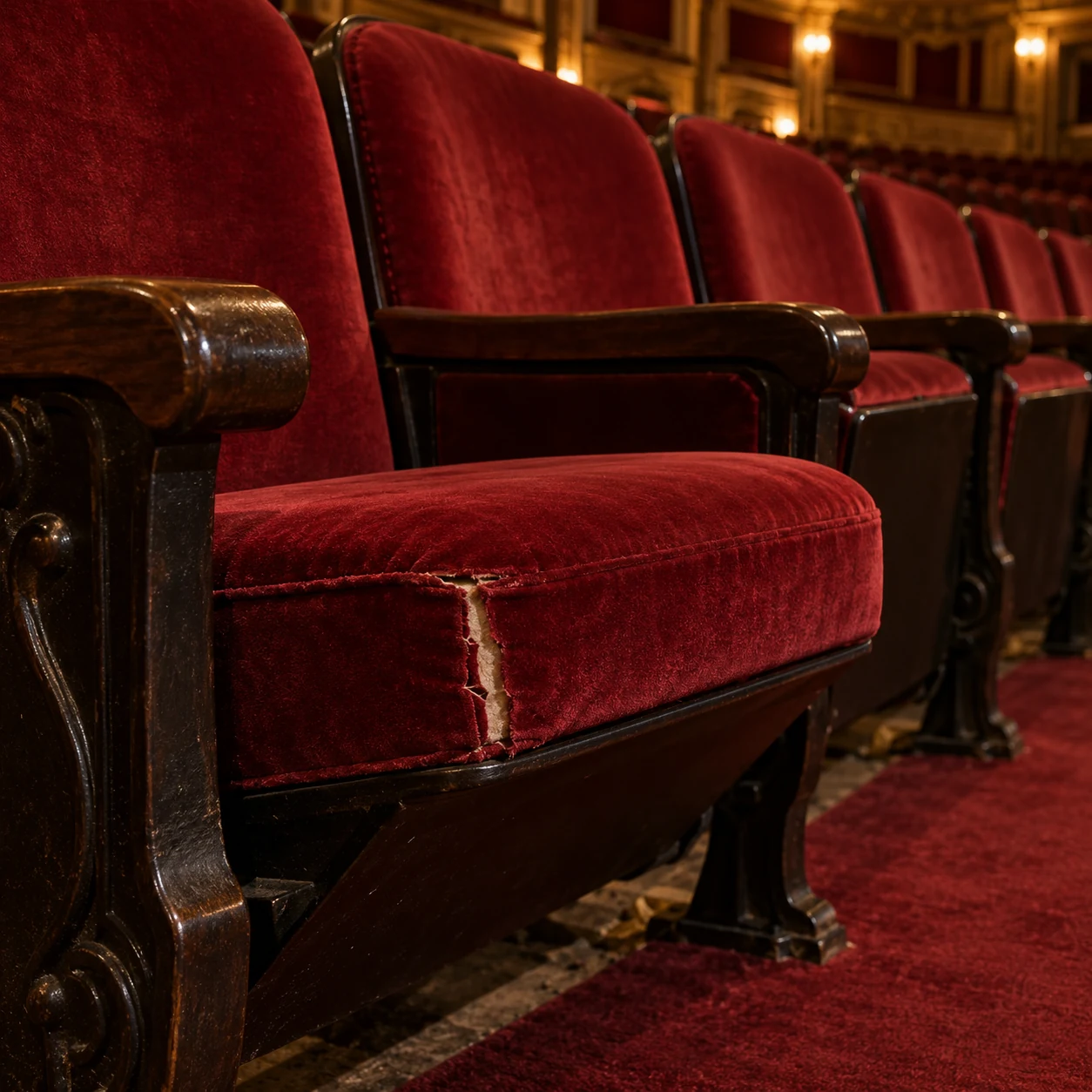 A theater seat front edge worn through