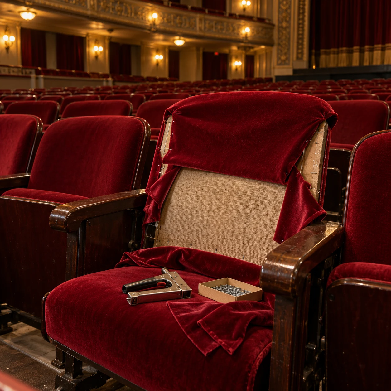 New velvet laid over a theater seat back