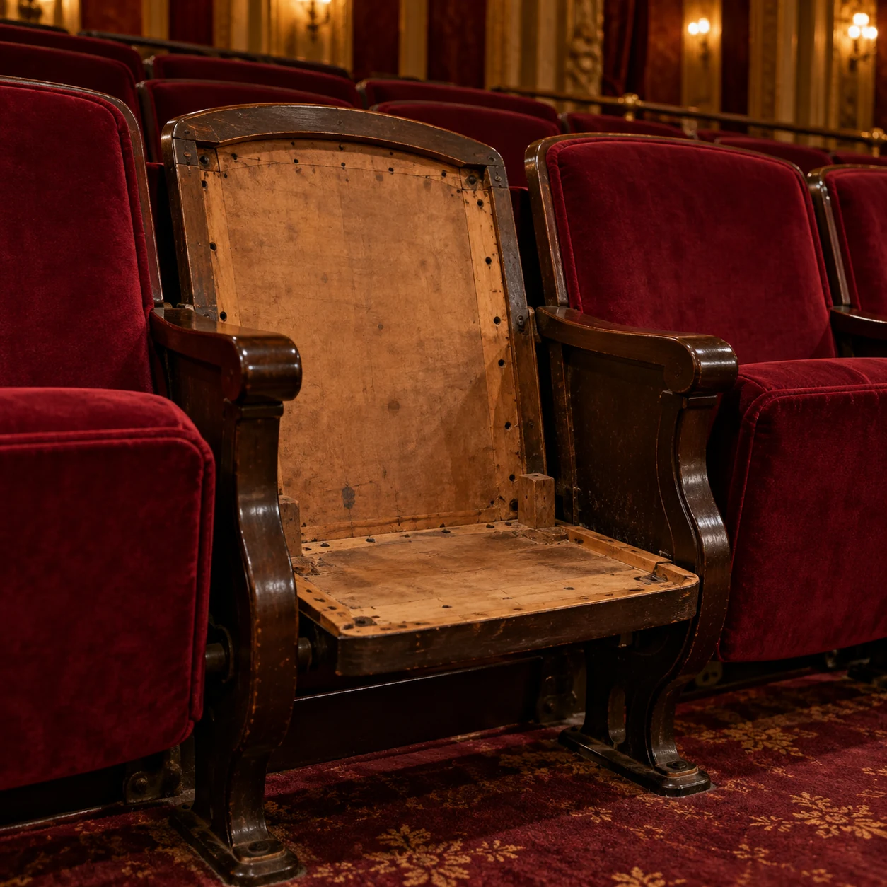 A bare wooden theater seat pan