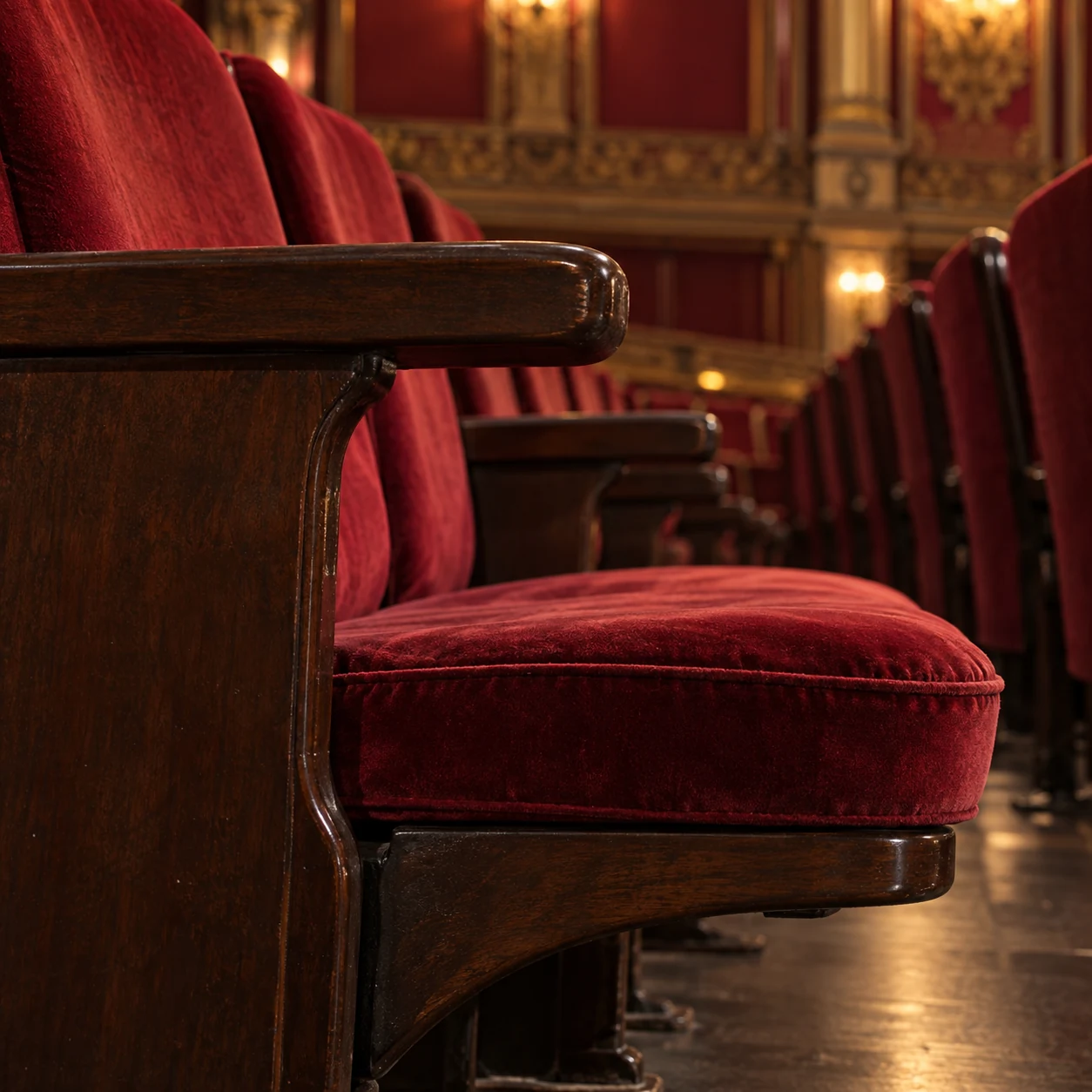 A recovered red velvet theater seat in profile