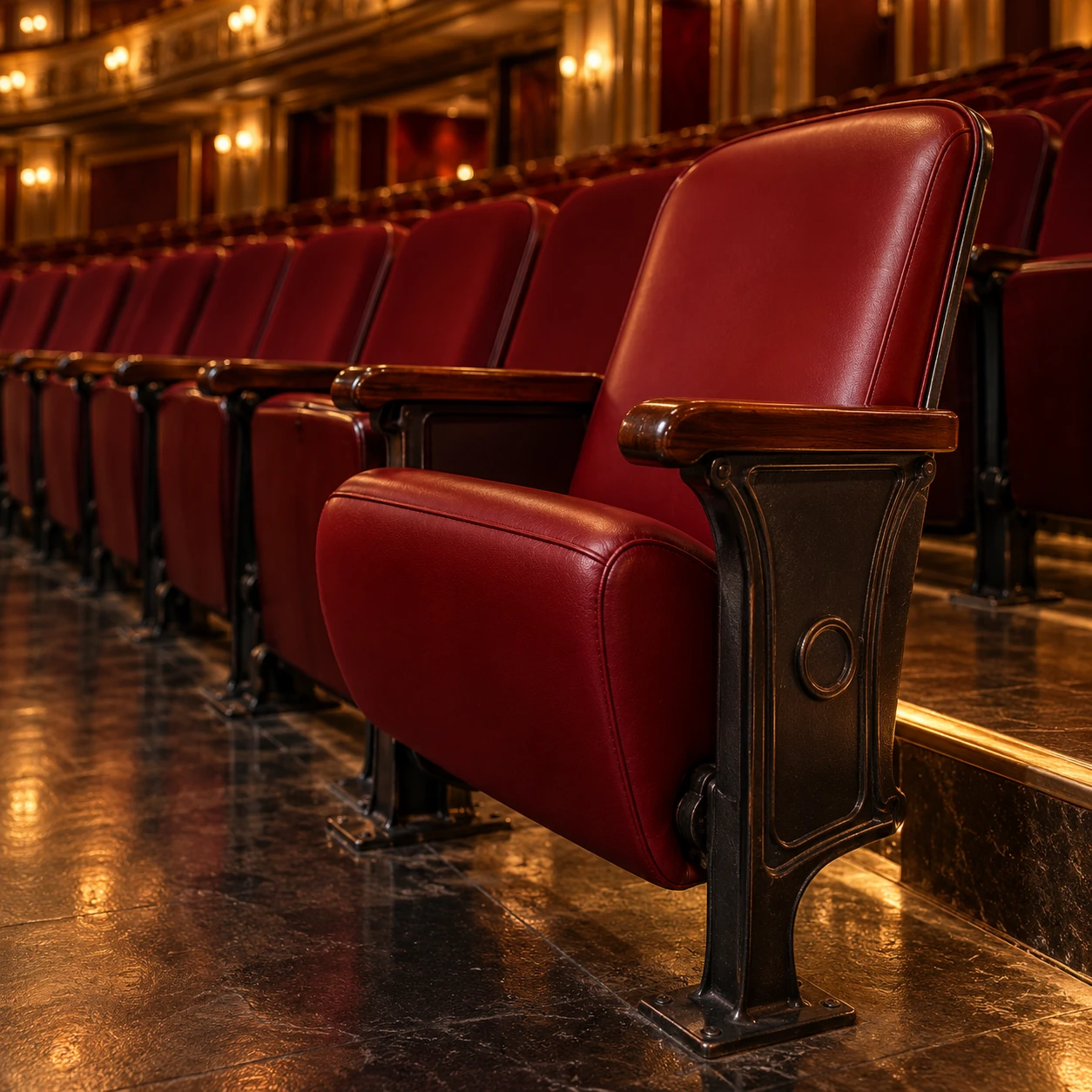 A theater seat being repaired