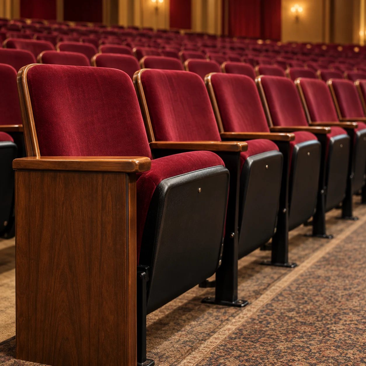 Red velvet performing arts theater seats with a wood aisle end panel