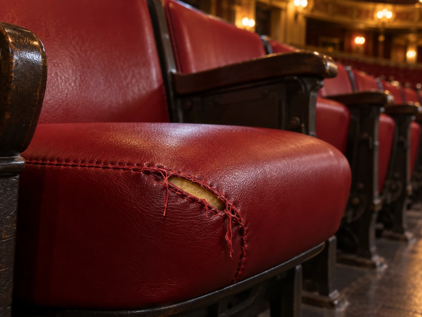 An open seam on a theater seat