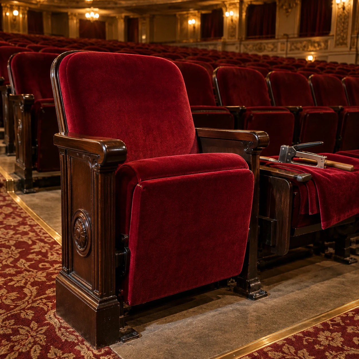 Tools resting on the arm of a theater seat