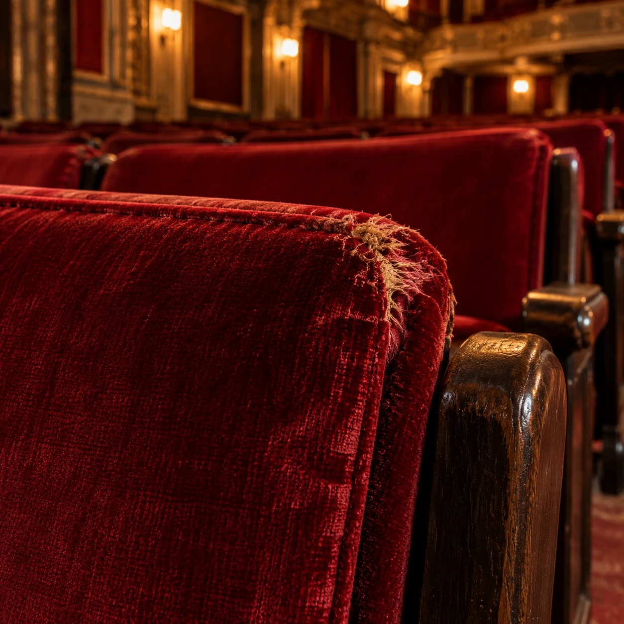 A frayed top edge on a theater seat