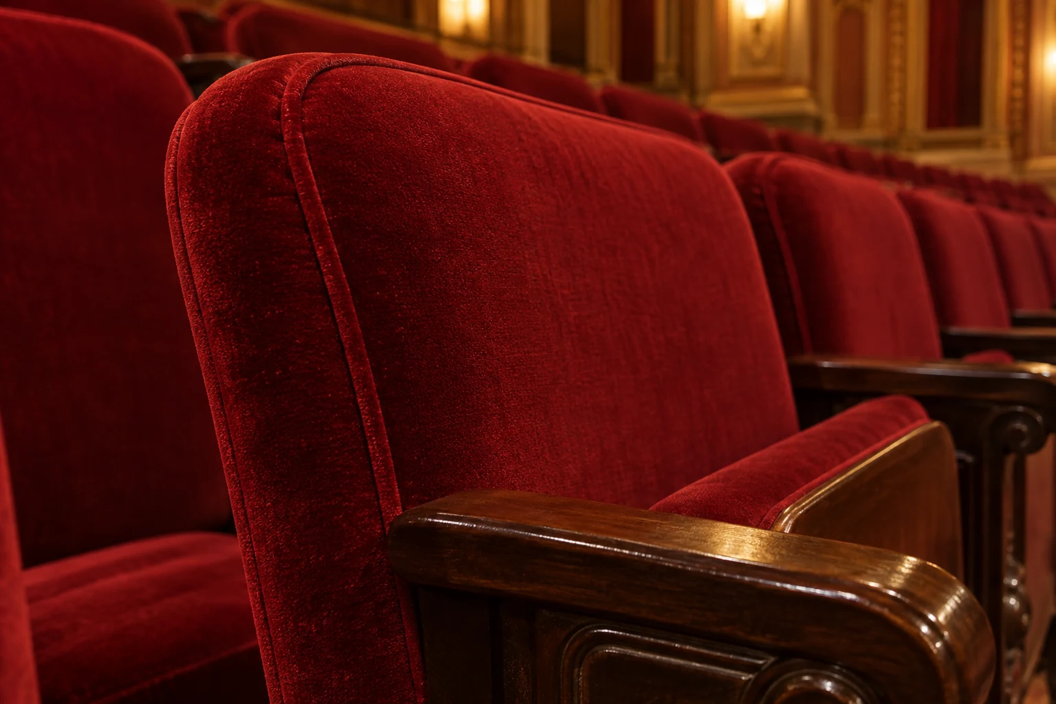 Close view of the velvet pile on a theater seat back