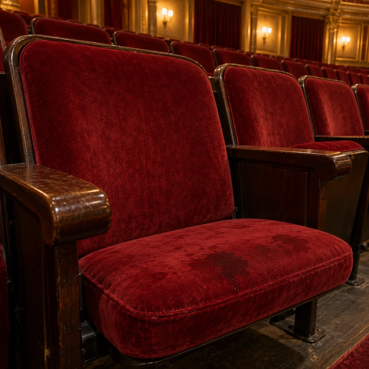 A stained red velvet theater seat