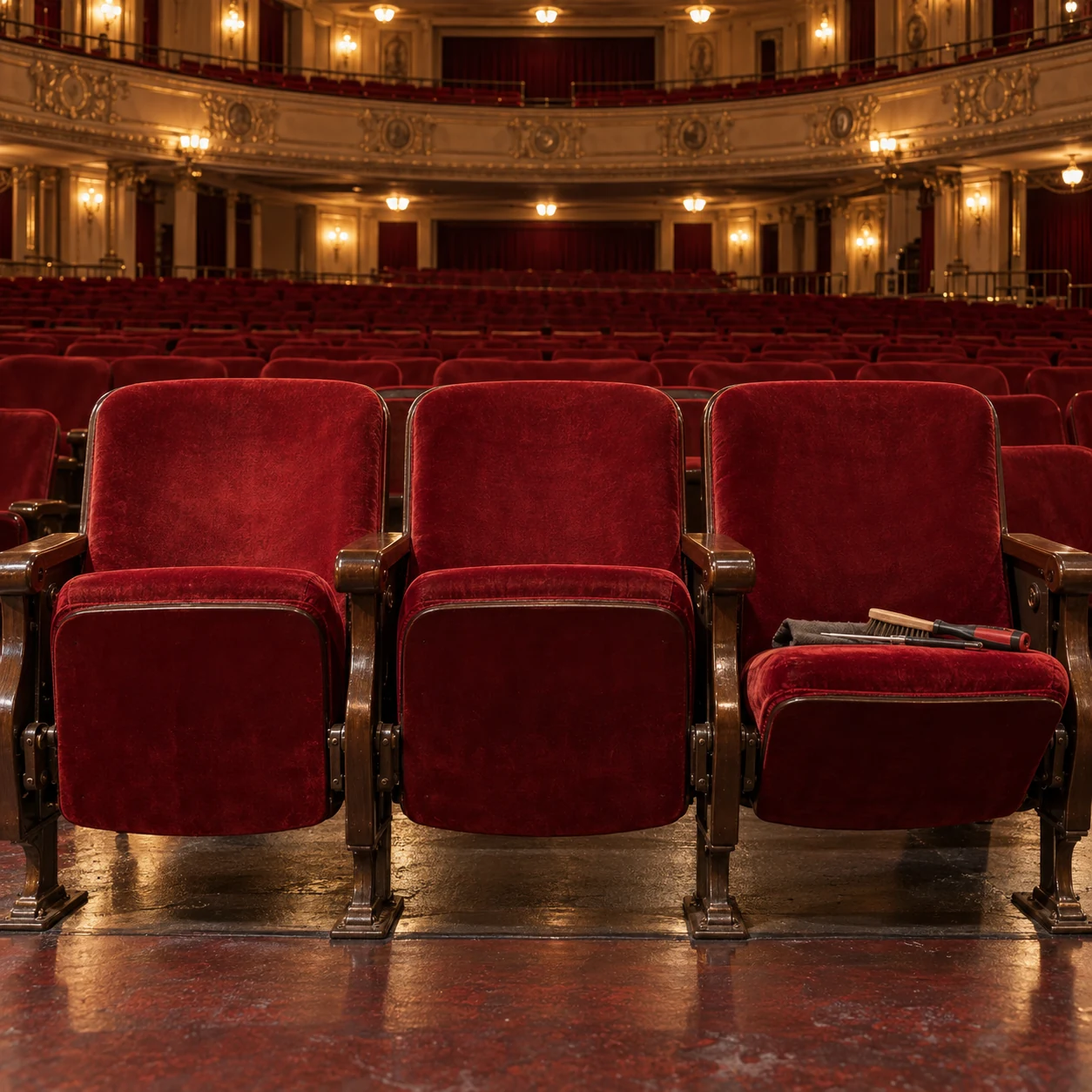 Three theater seats part way through a programme