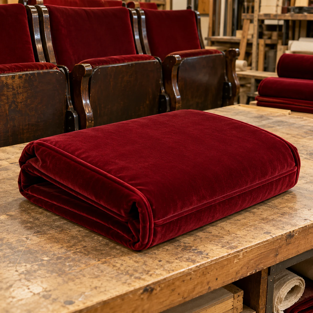 A bolt of red theater velvet on a workshop bench