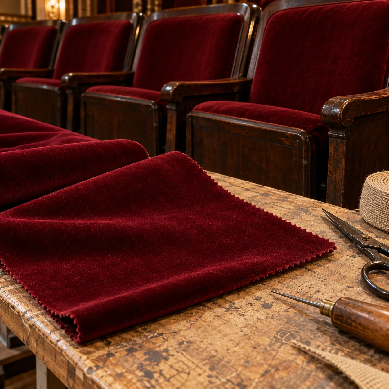 Folded red theater velvet on a workshop bench