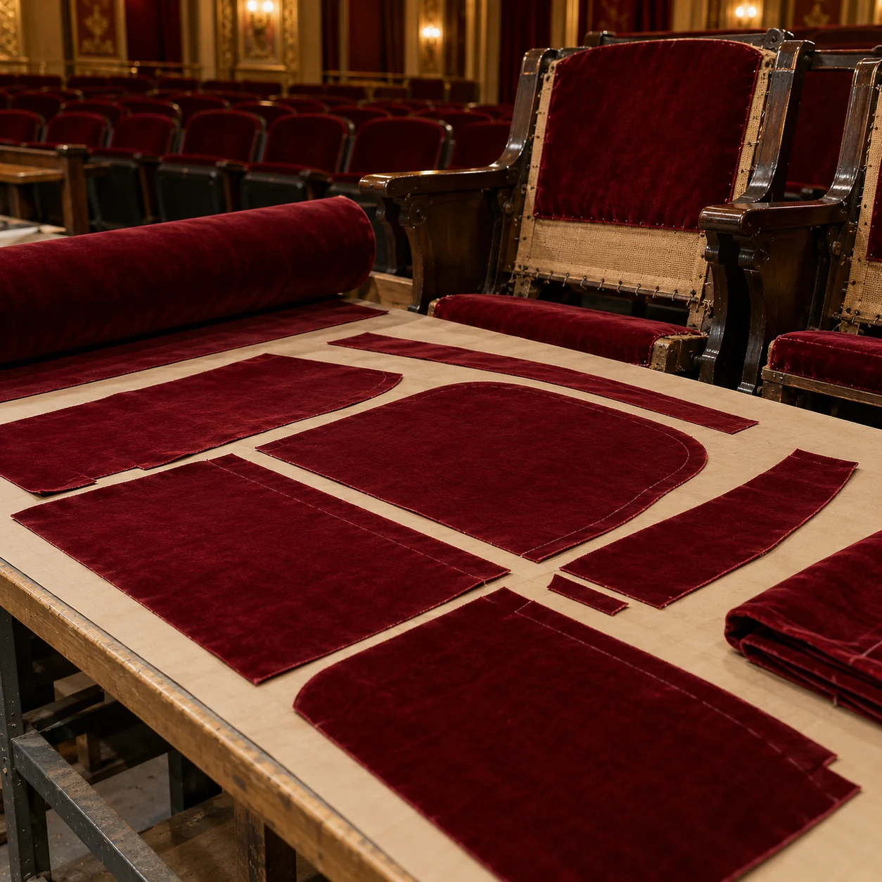Cut red velvet panels laid out on a cutting table