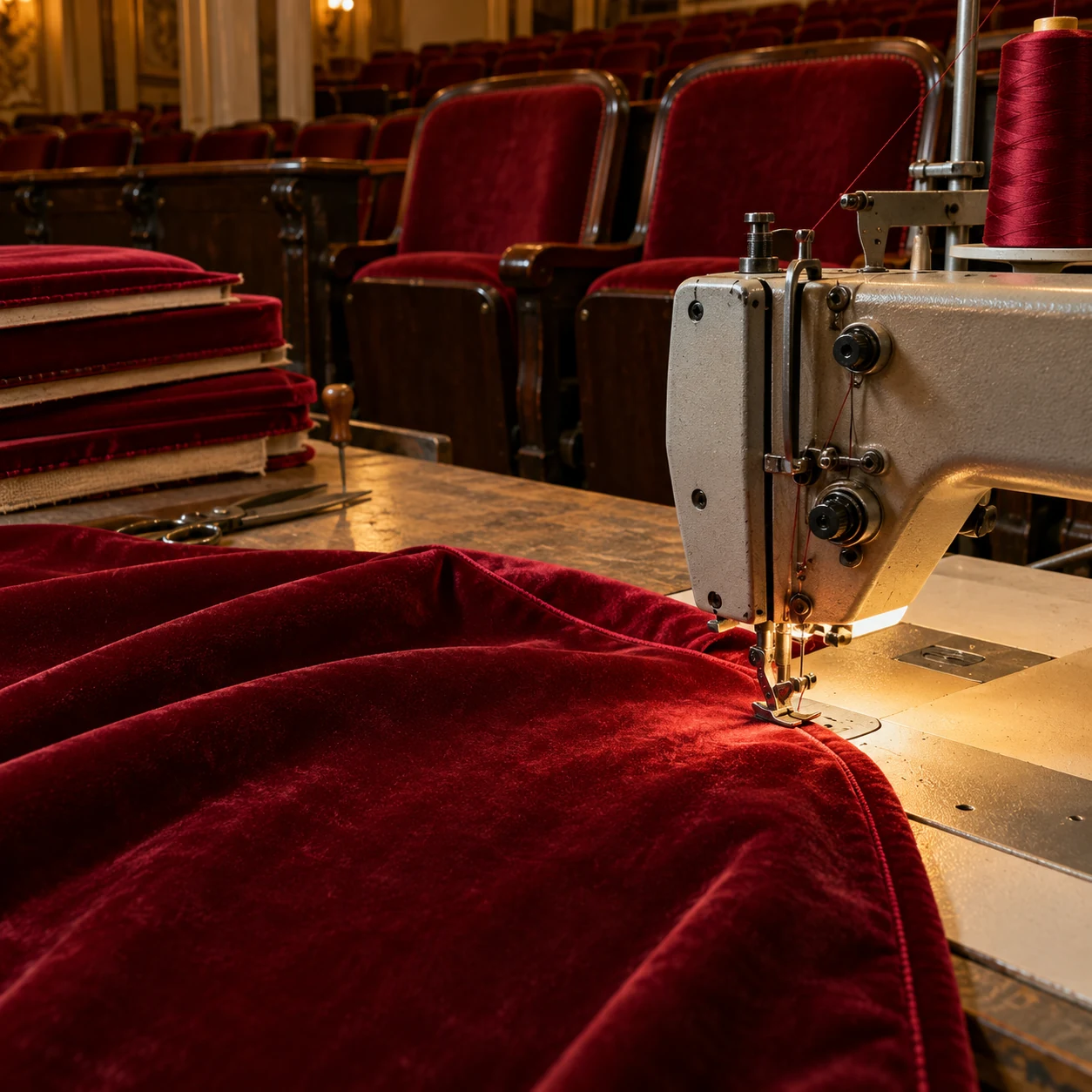 A velvet seam sewn on a machine for theater seating