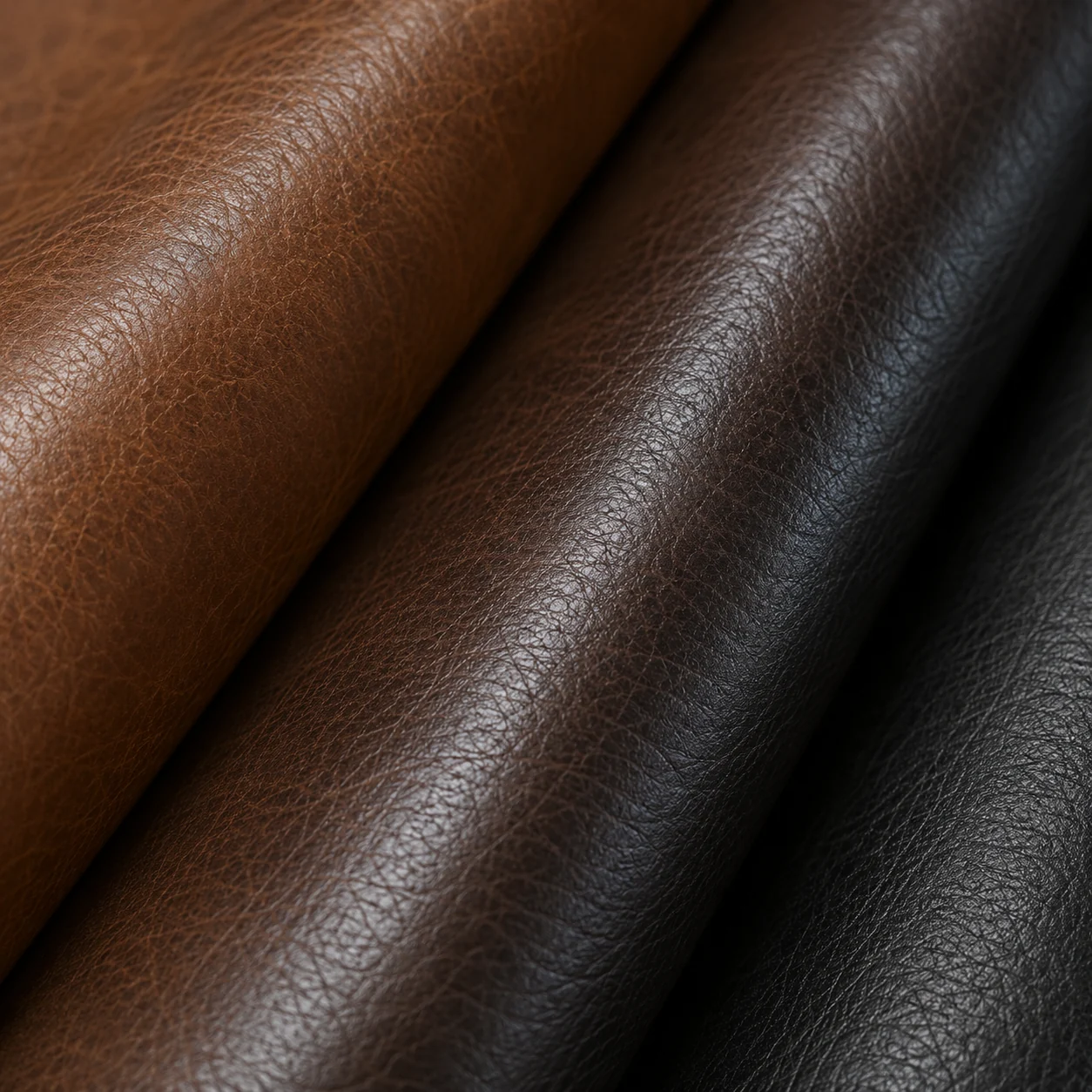 Three rolled leather hides laid diagonally in tan, mid-brown and black