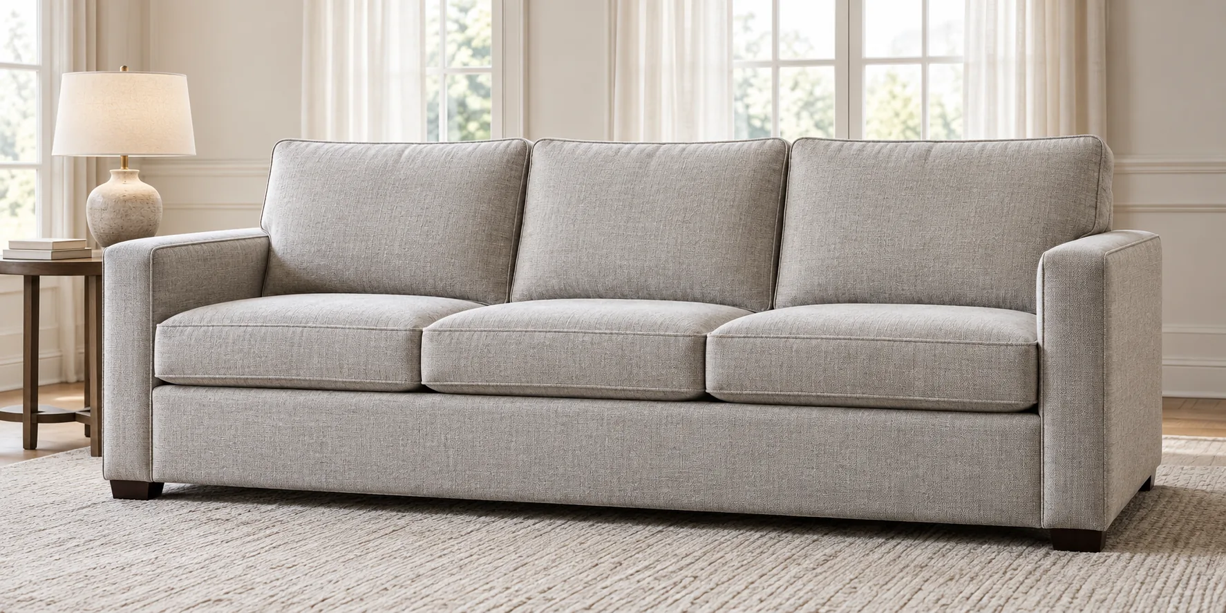 A pale three-seat sleeper sofa closed, seen straight on in a bright room