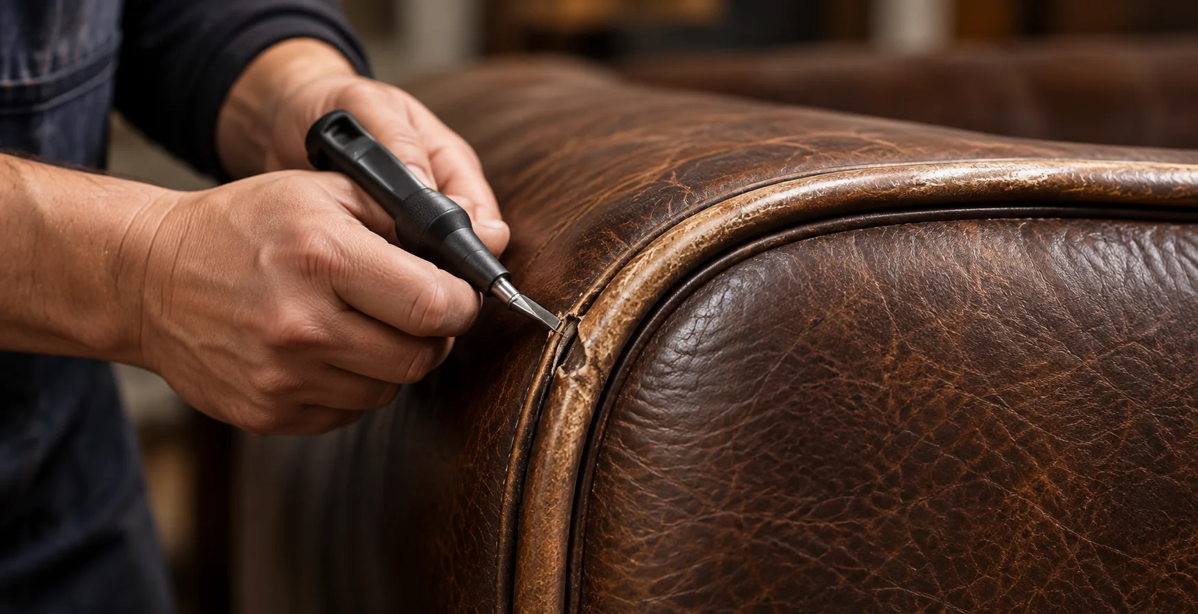 Technician finishing a brown leather edge