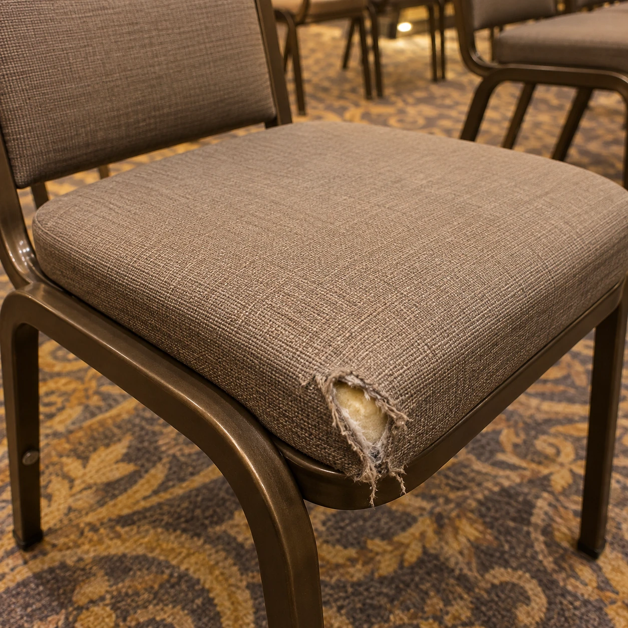 A torn fabric seat on a banquet chair