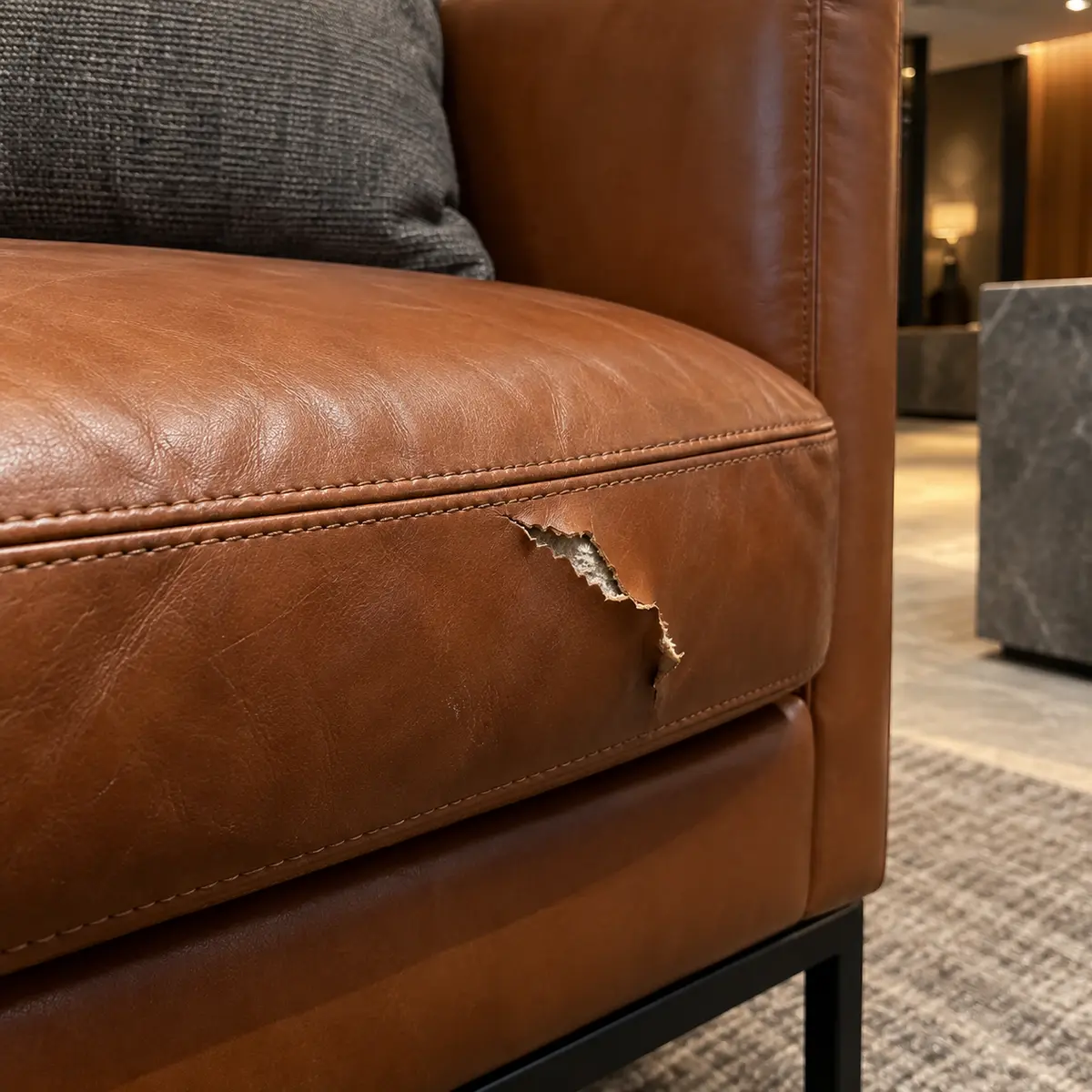 A tear in the cognac leather seat of a lobby sofa