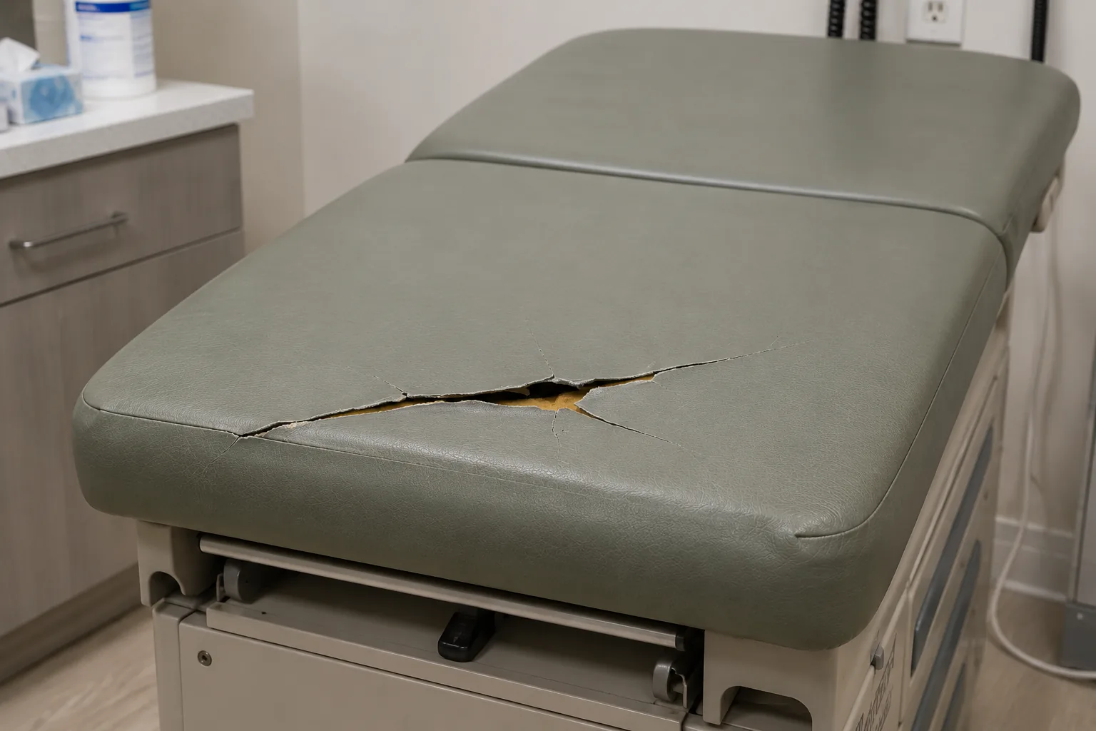 A torn grey vinyl exam table seat with the foam showing