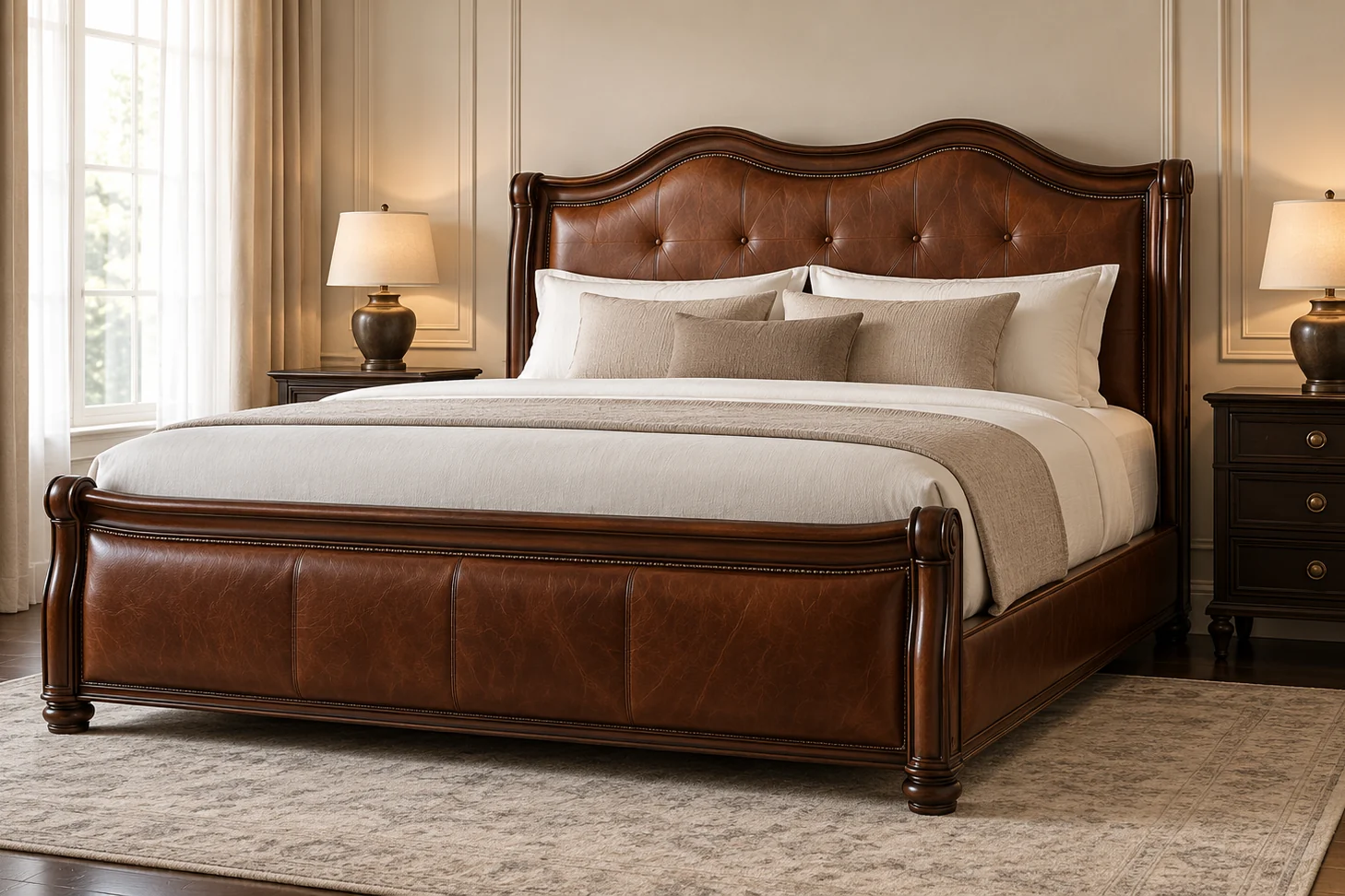 Traditional brown leather bed with a shaped and carved headboard crown and a tall footboard