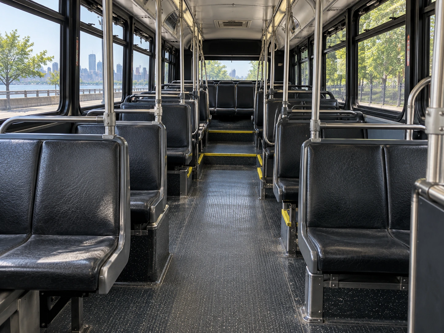 The interior seating of a transit bus