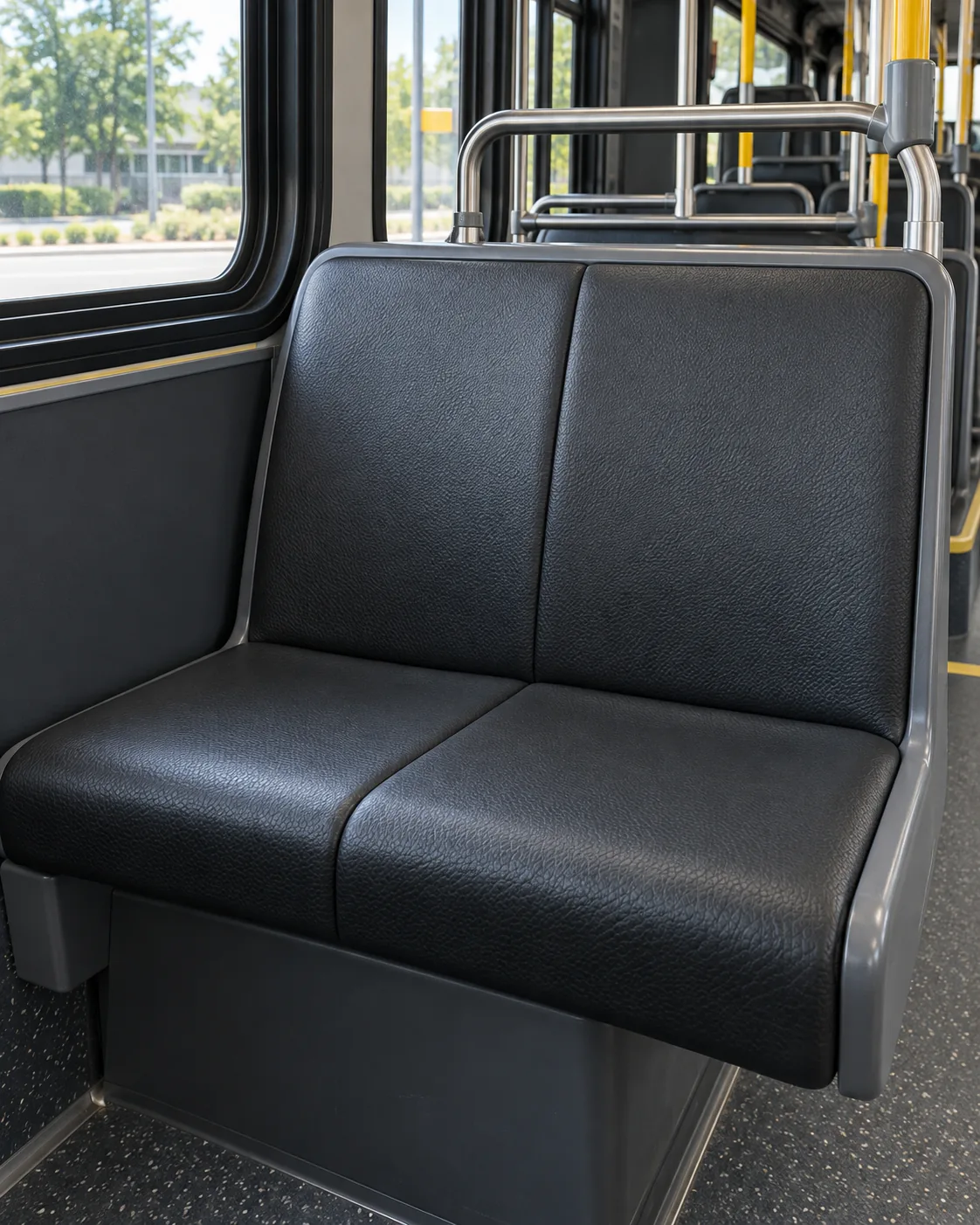 A vinyl bench seat in a transit bus