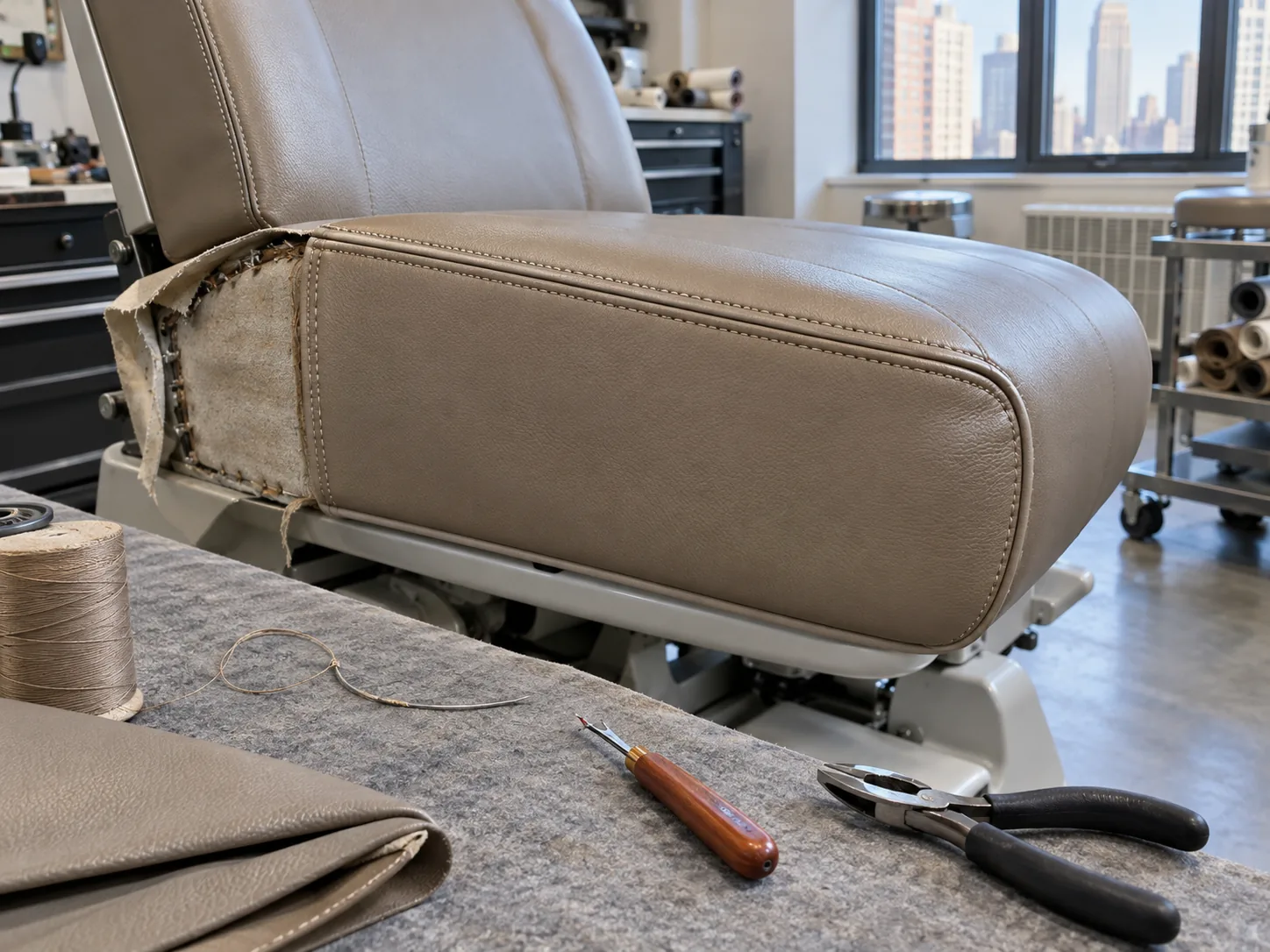 A taupe treatment chair seat with its old cover cut away and a new cover fitted, in an upholstery shop