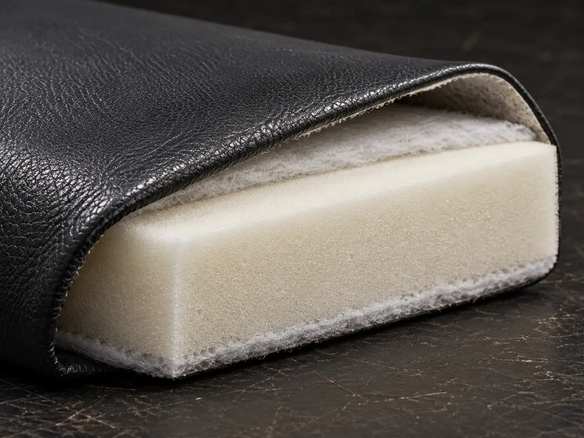 Layers of new foam padding inside a black treatment table pad