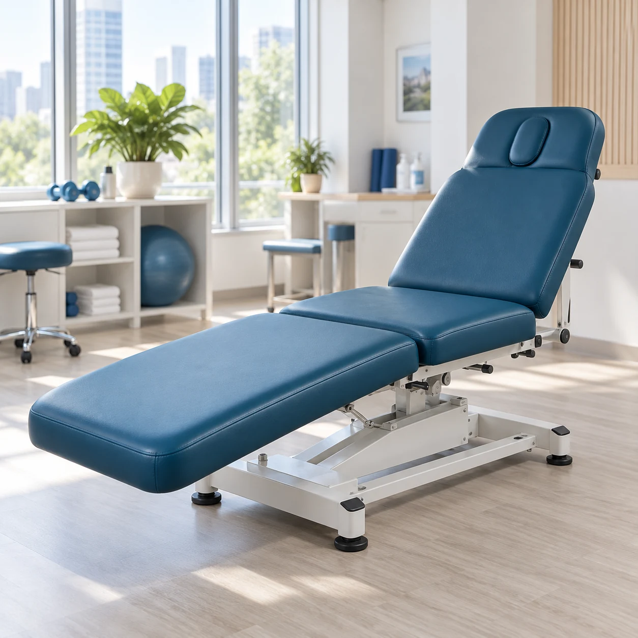 Treatment table reclined flat in a clinic room with a city window behind it