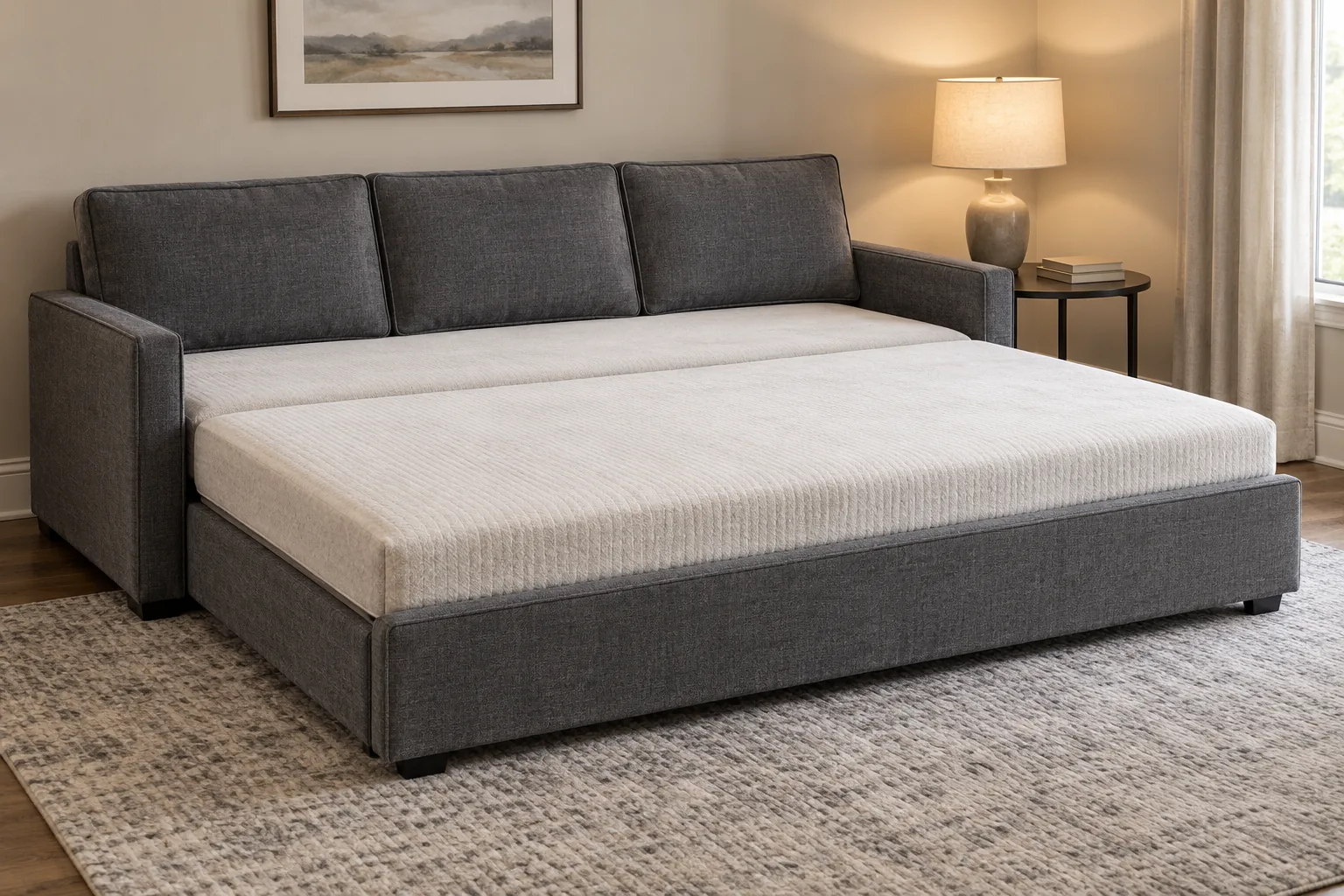 A trundle sleeper open, the mattress sitting flush with the base