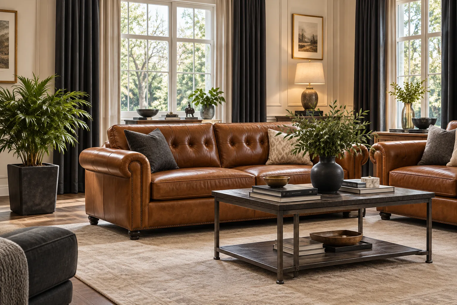 Tufted brown leather sofa with an even restored colour