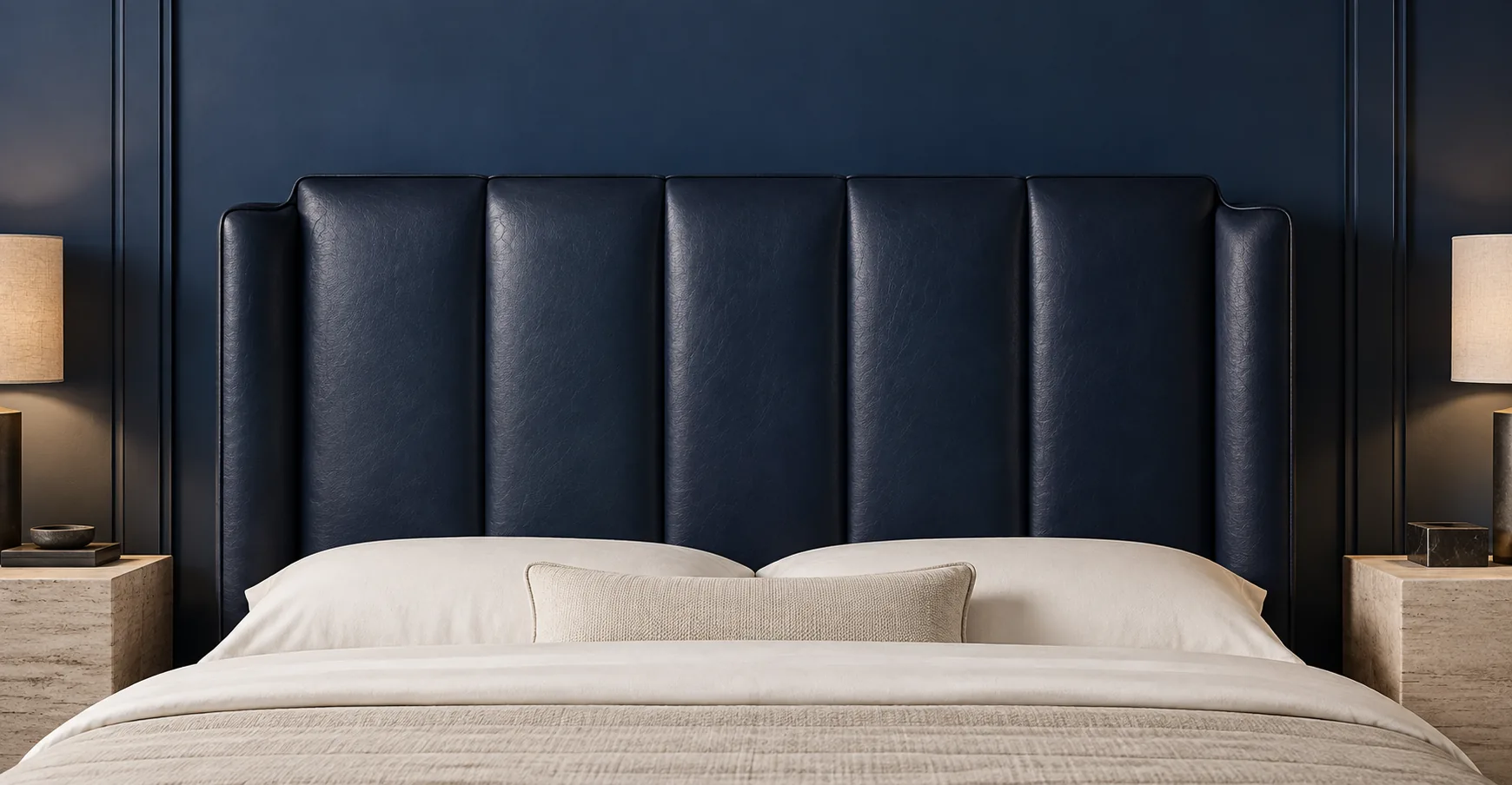 Tufted leather headboard made for a bedroom in a luxury residence
