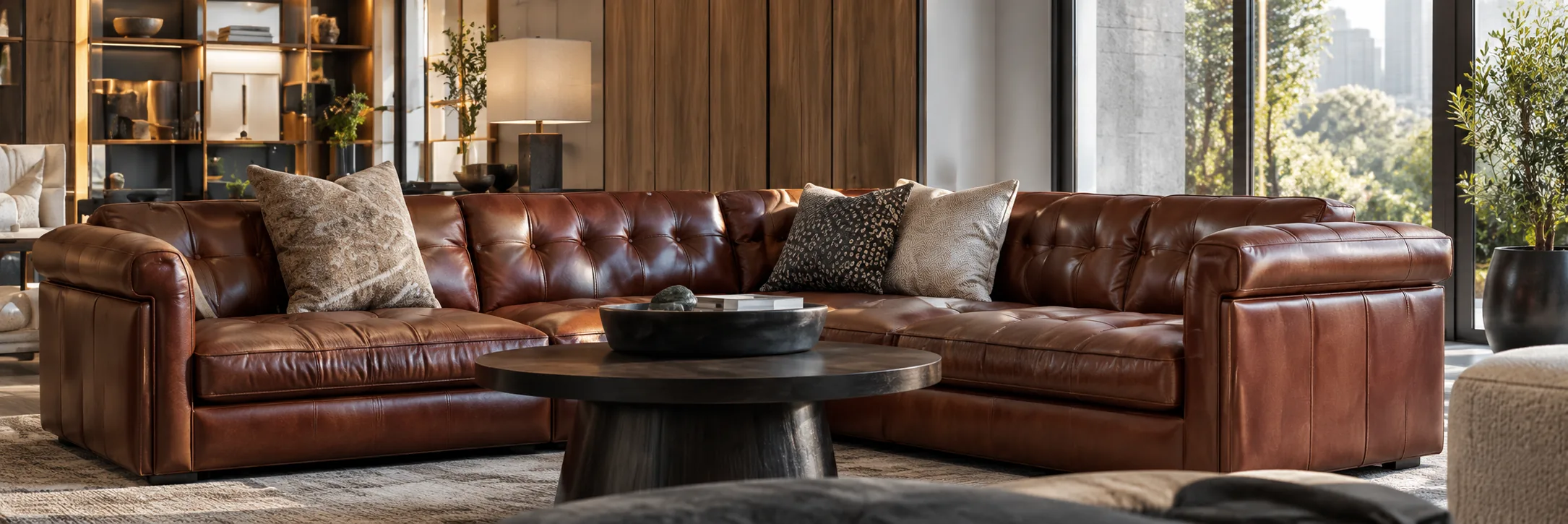 Tufted leather sectional in a hotel lounge with a city outlook