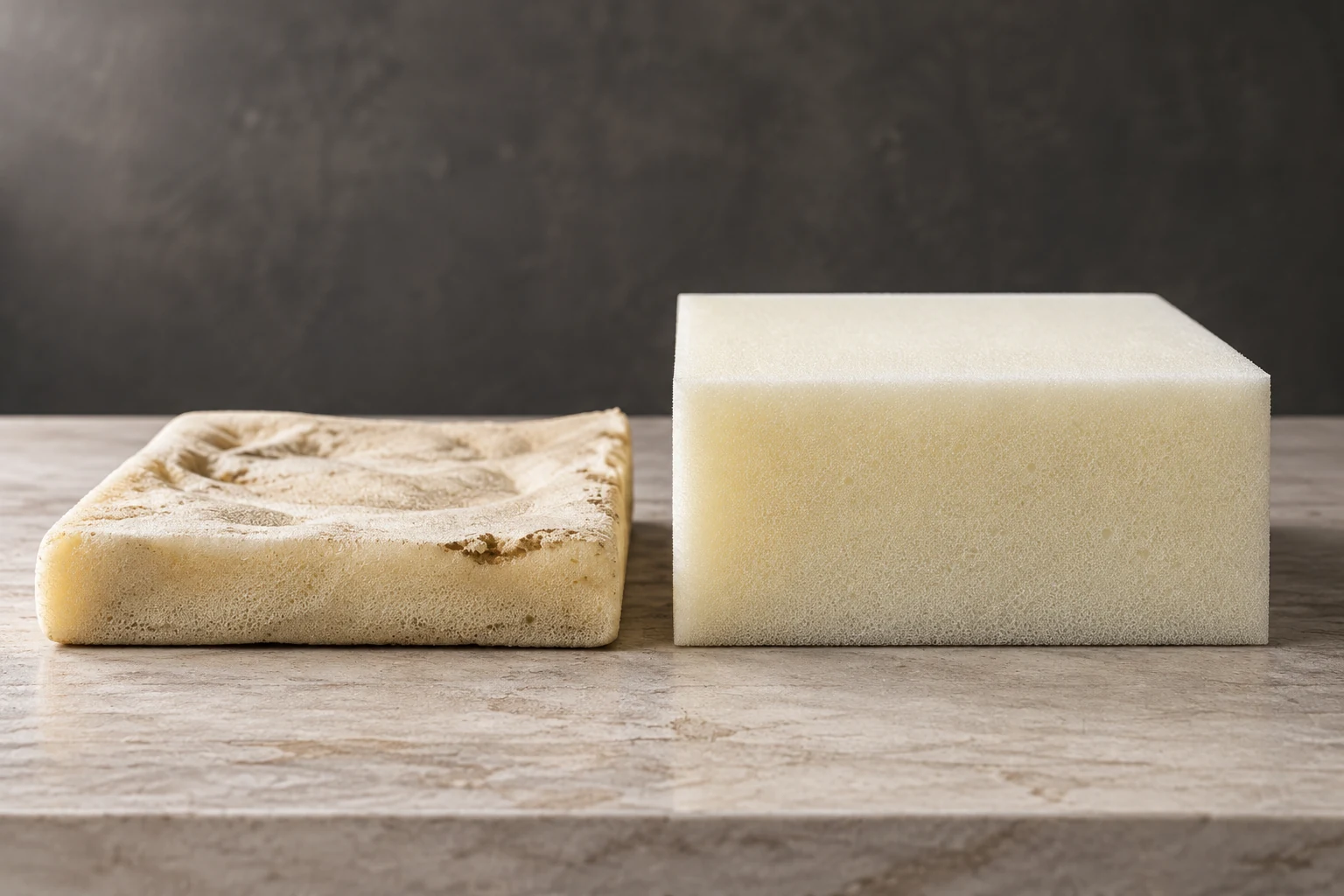 Two blocks of upholstery foam side by side, one open and coarse celled, the other dense and fine celled