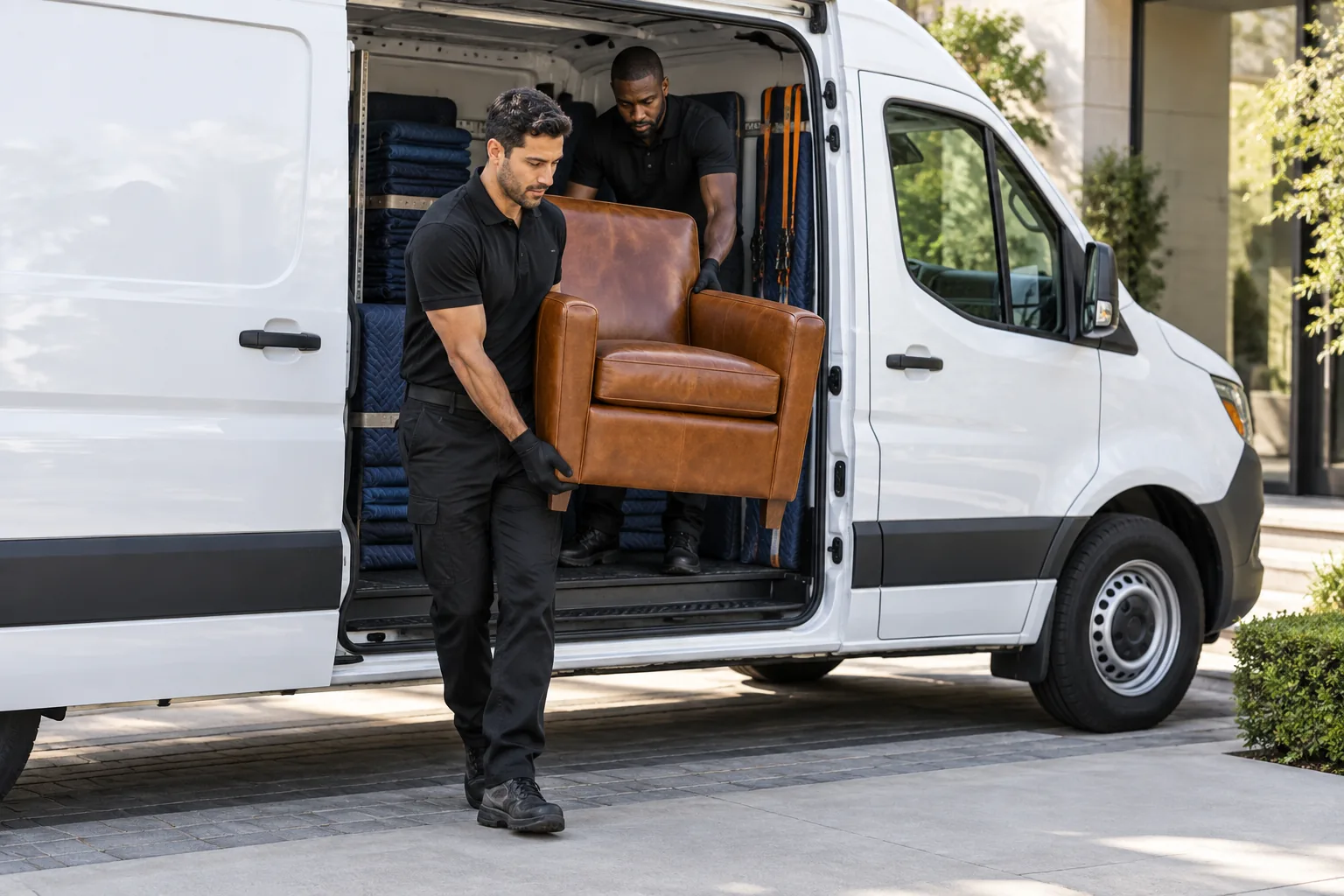 Crew loading a leather armchair into an unmarked white van