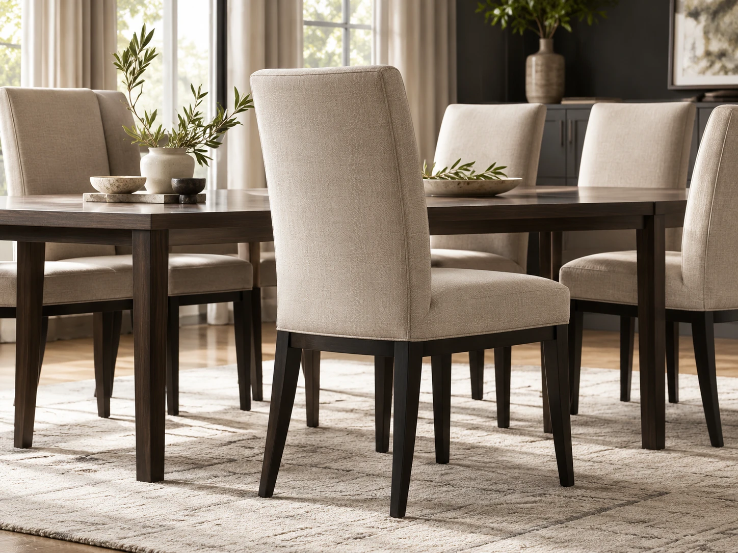 Upholstered dining chairs around a table