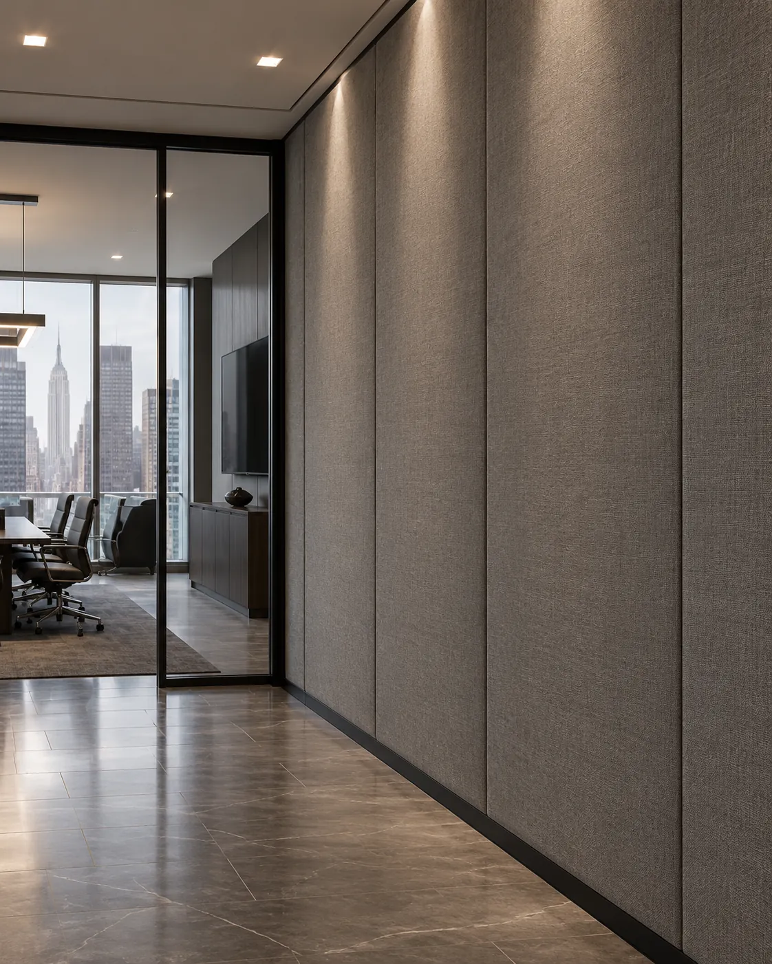 Upholstered wall panels along an office corridor