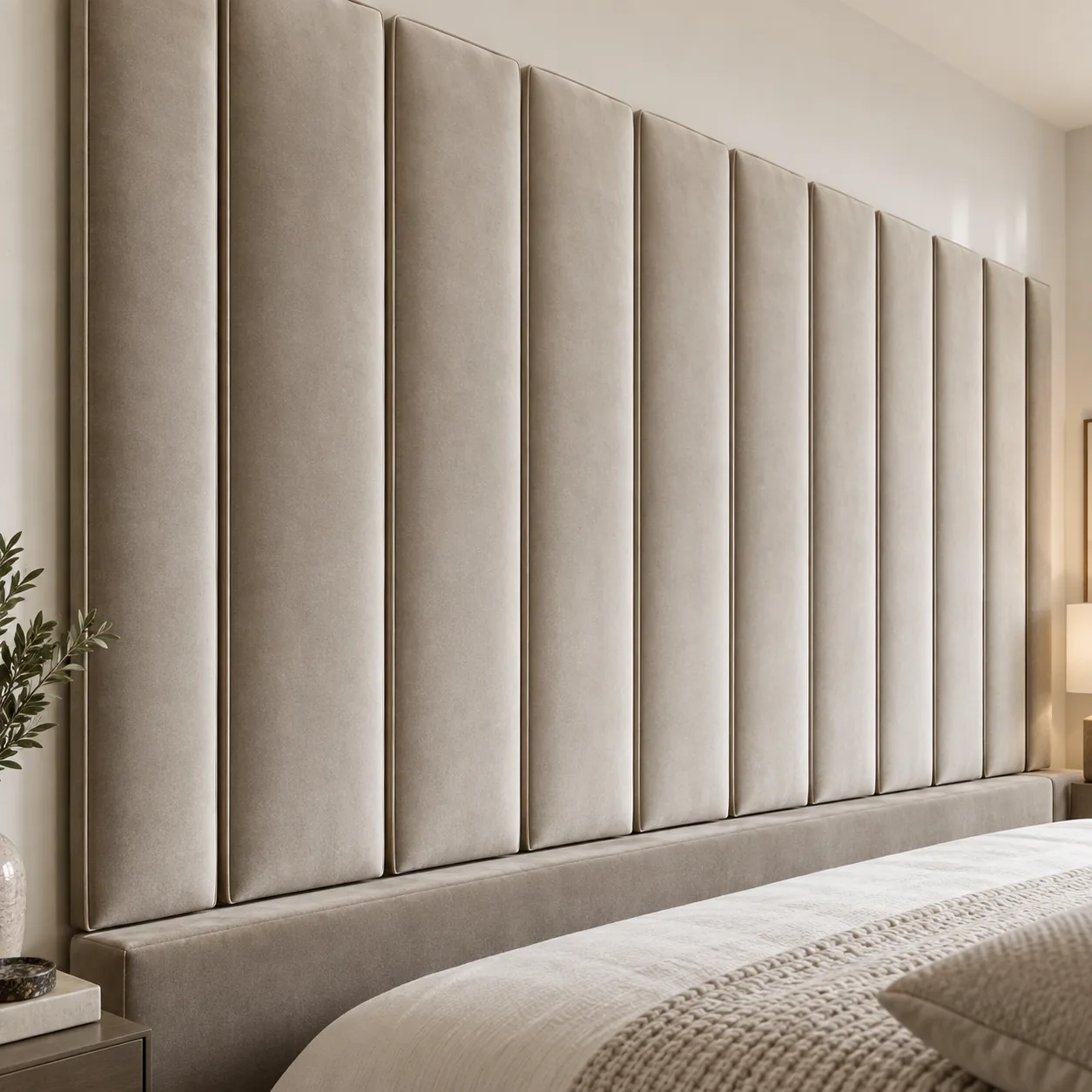 Cream upholstered wall panels continuing past the edge of the bed