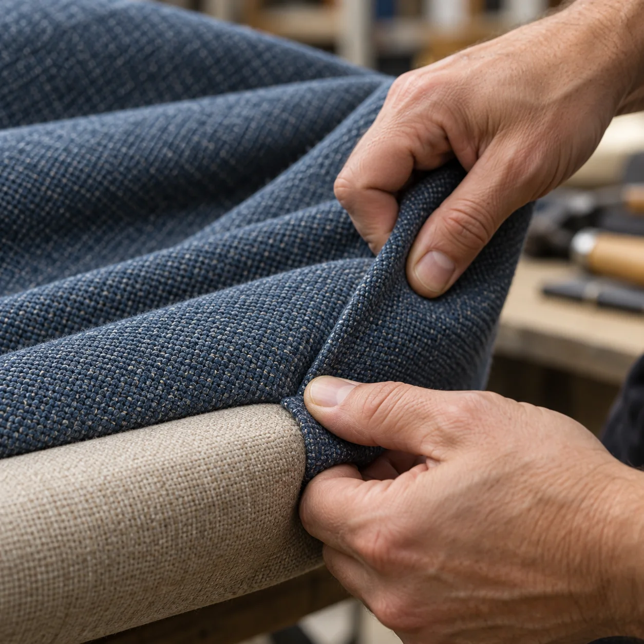 Upholsterer fitting blue-grey fabric over a dining chair seat