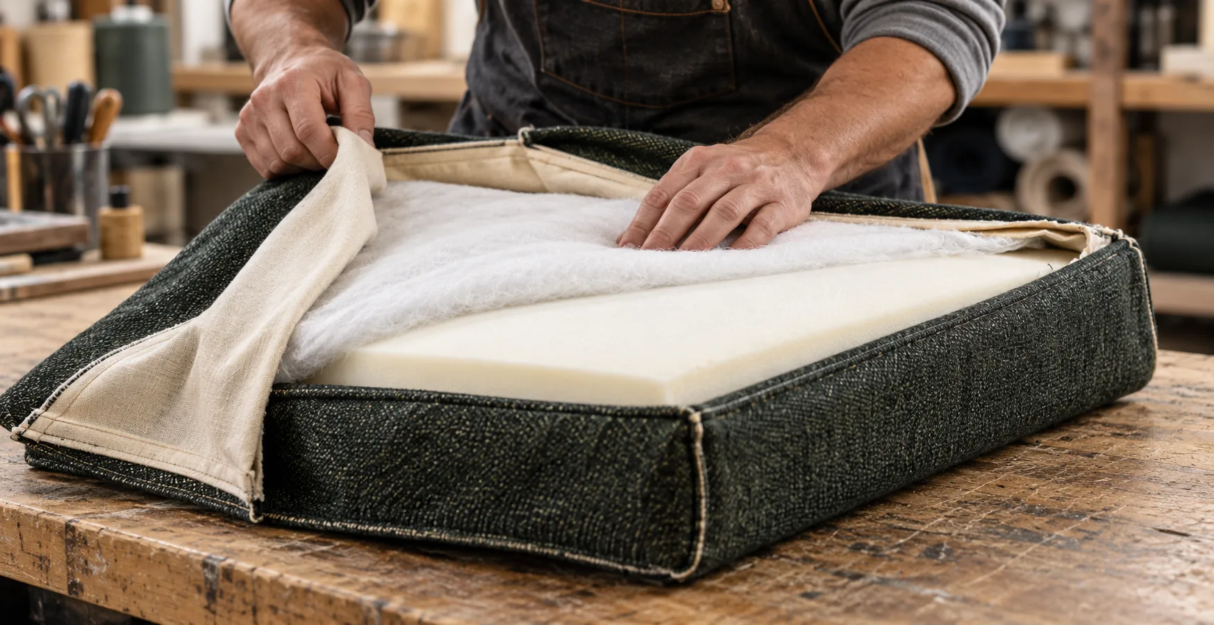 Upholsterer fitting a new cushion cover over foam