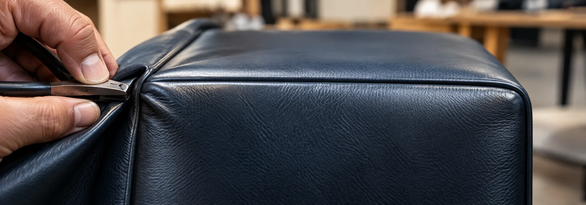 Upholstery panel and seam being rebuilt on a navy leather cube