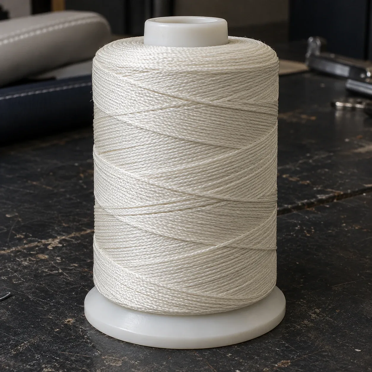 UV thread used in marine upholstery, close up
