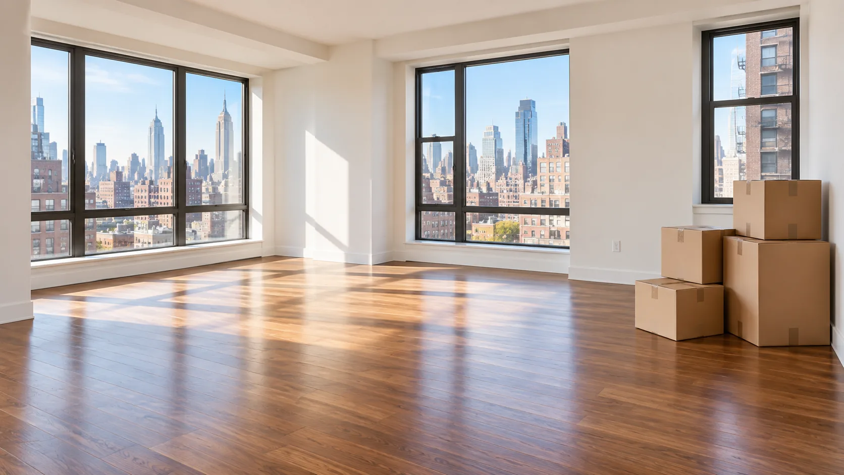 An empty apartment with moving boxes stacked by the windows