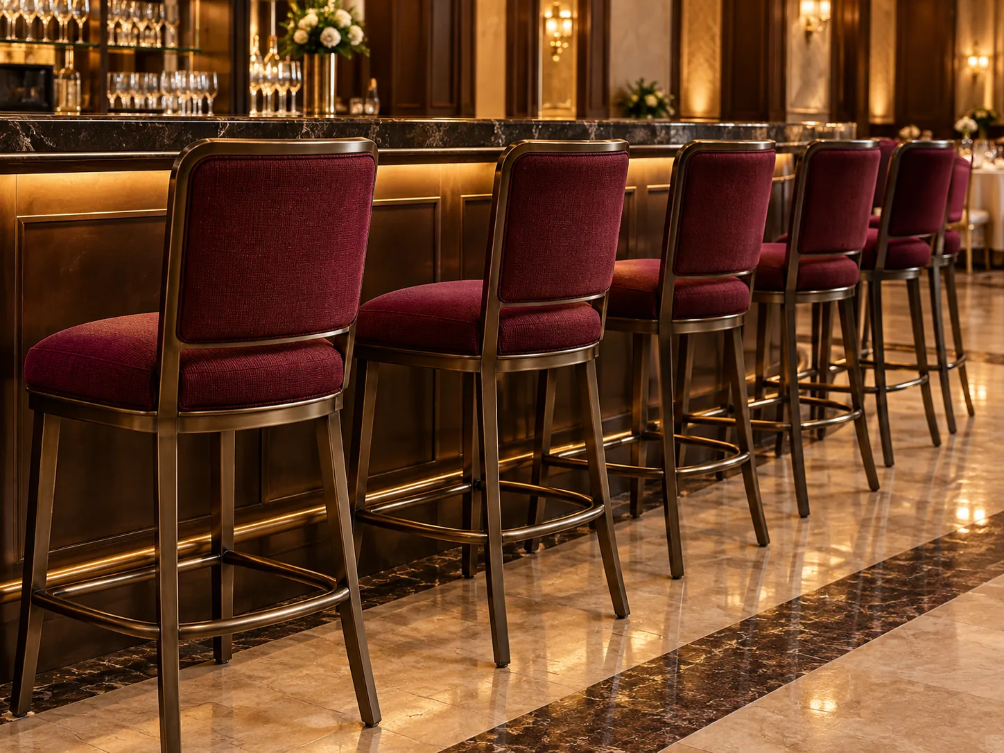 Recovered bar stools in a venue bar area