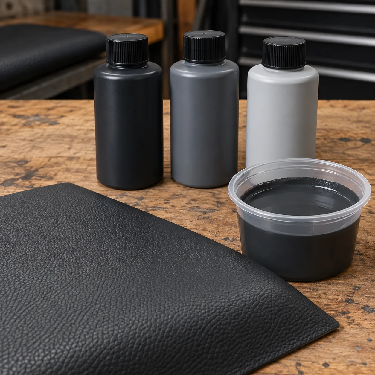 Bottles of vinyl color coat on a bench, one mixed to the seat color