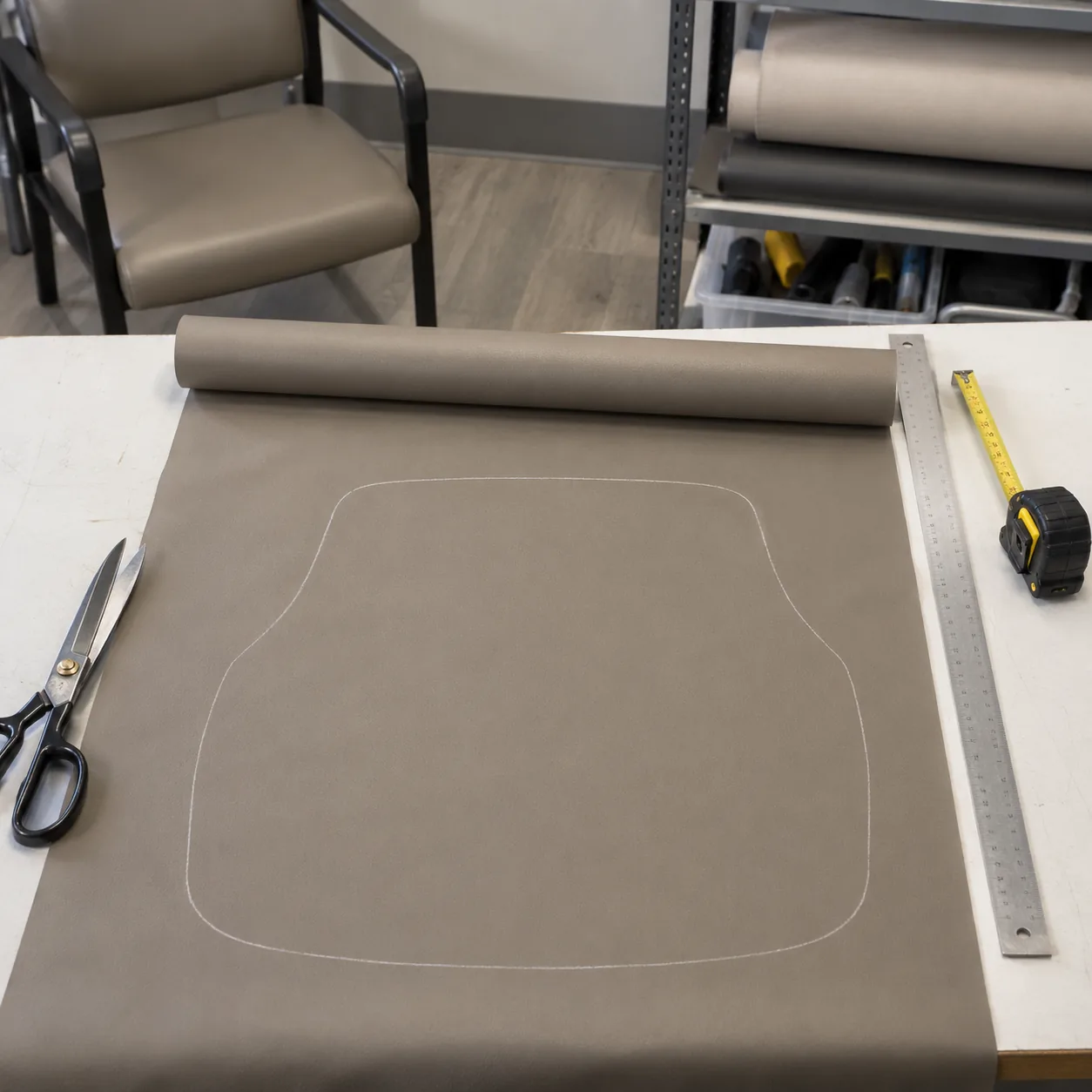 A seat pattern marked on taupe vinyl for cutting