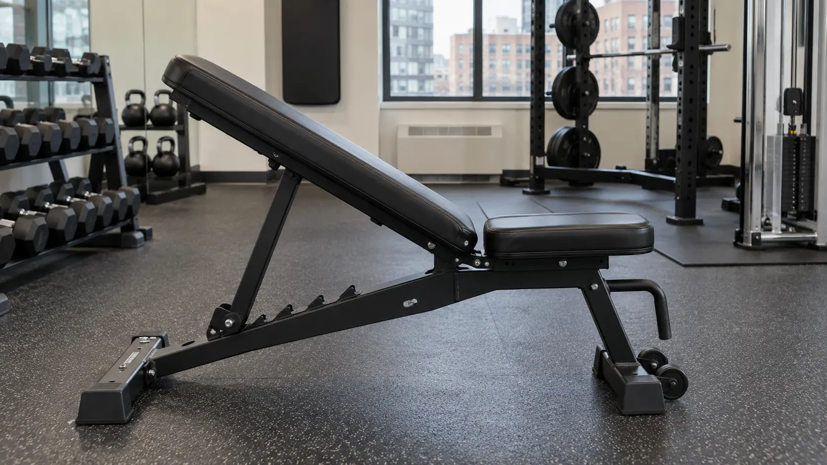 A clean black vinyl bench in a building fitness room