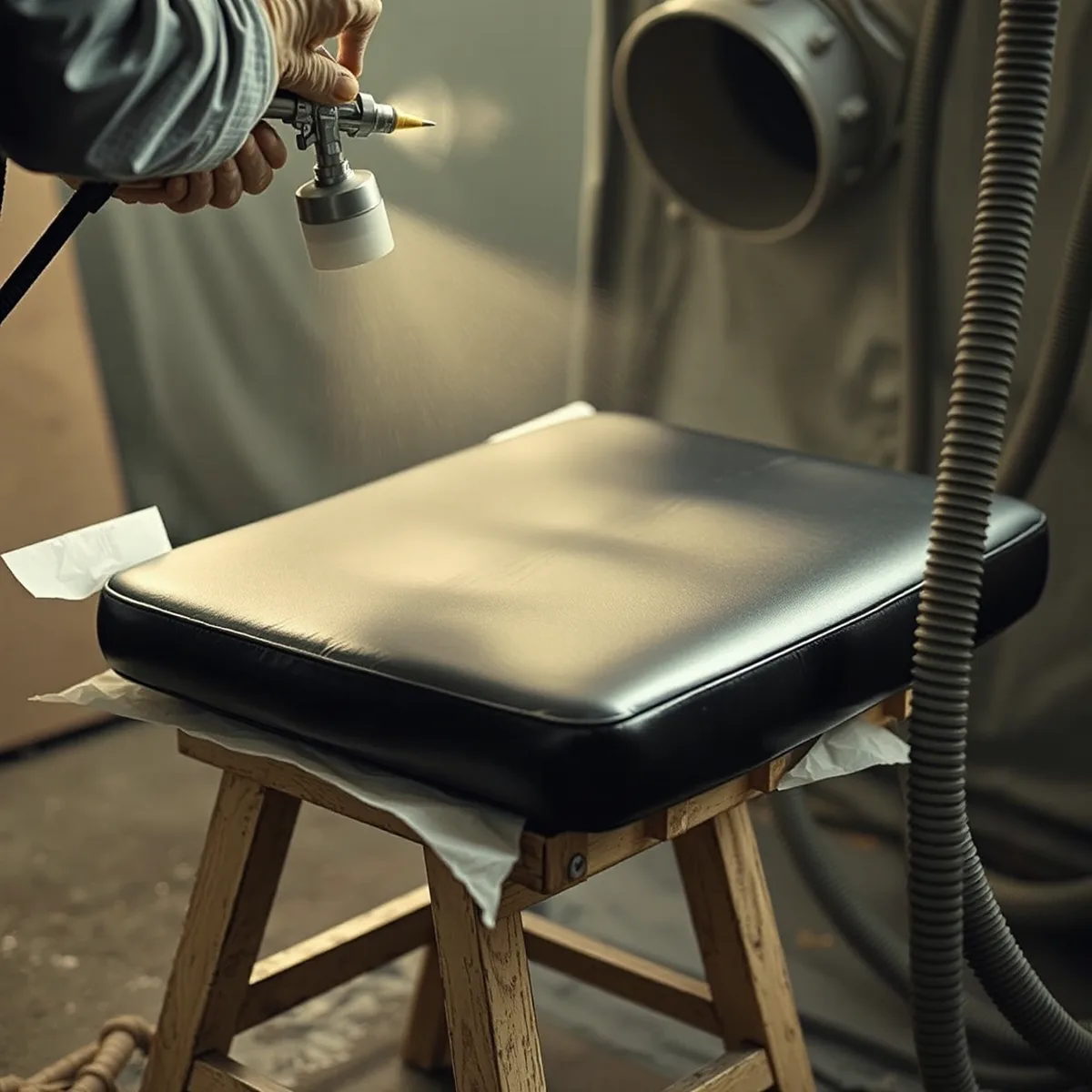 Spraying flexible vinyl finish onto a bench seat