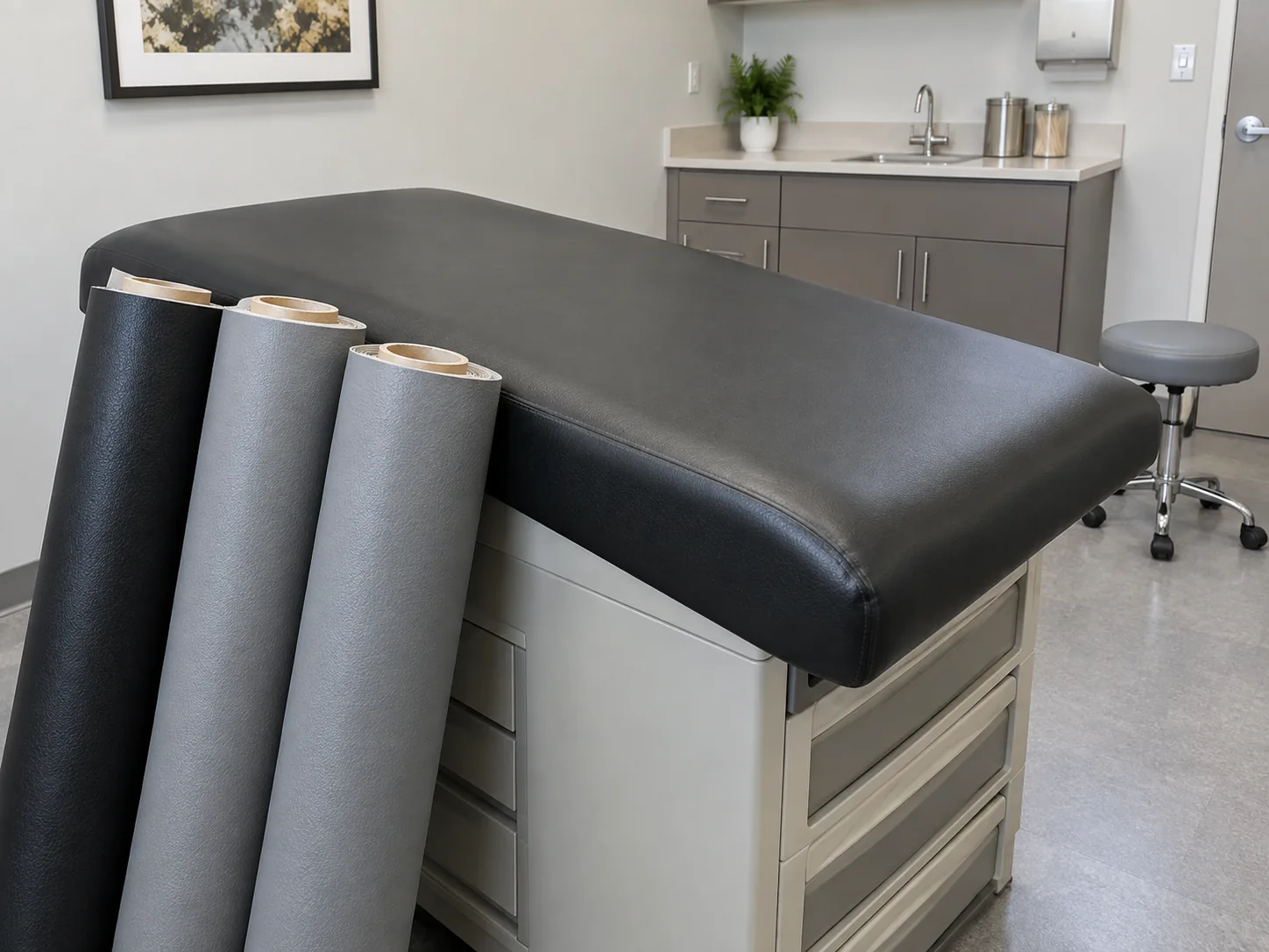 Rolls of vinyl held against an exam table to match the colour